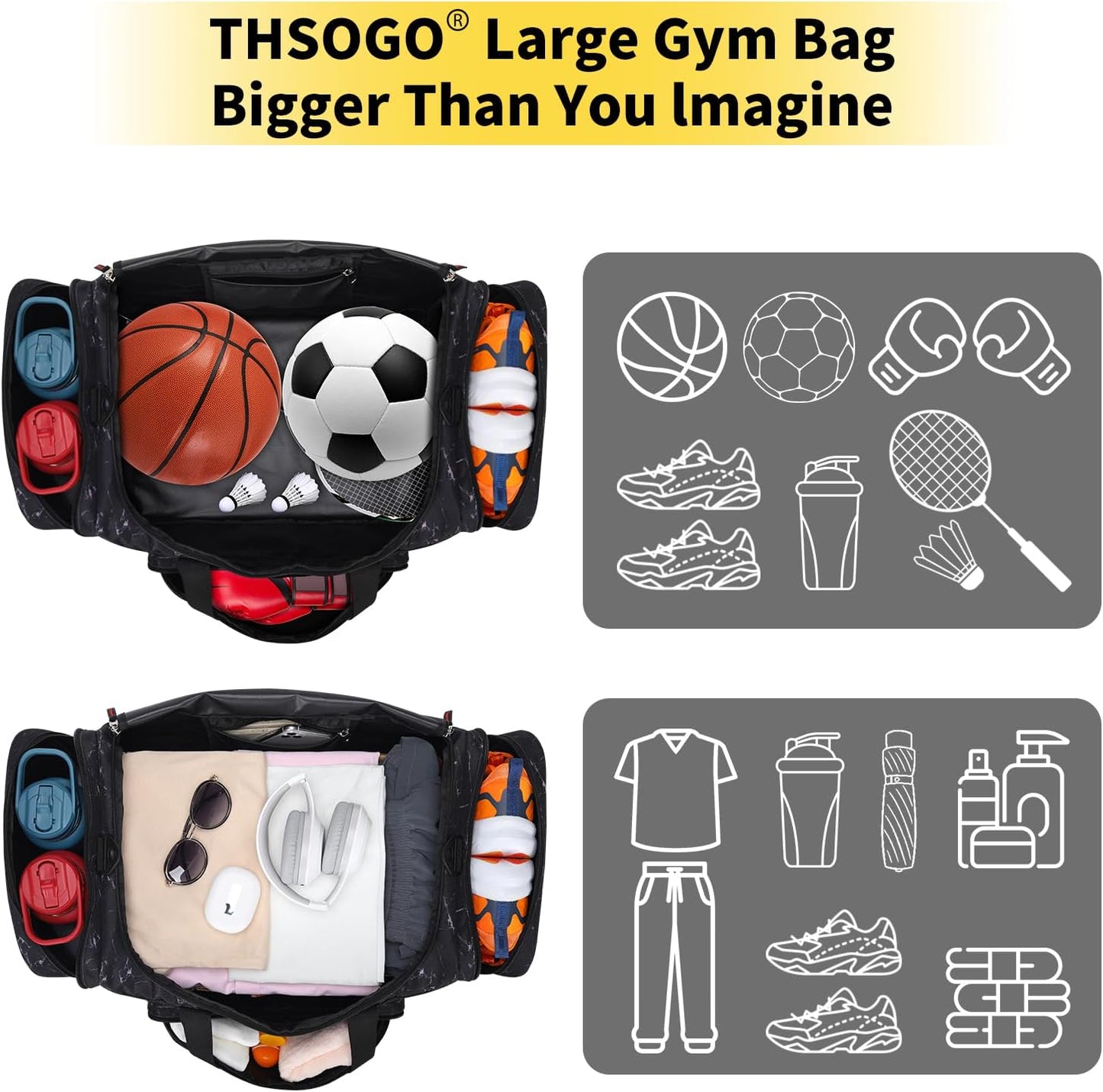 22 inch Gym Bag for Men - 55L Large Travel Duffle Bag Sports Equipment Bag with Multiple Zippered Pockets,Outdoor Workout Duffle Bag for Overnight Weekend - Marble Black