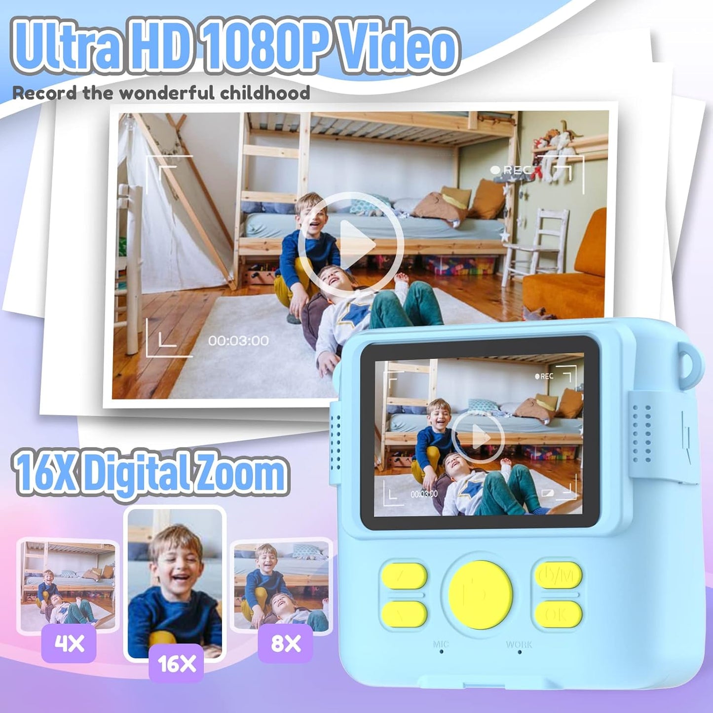 Kids Camera Instant Print, Christmas Birthday Gifts for Kids Age 3-12, Selfie Digital Camera with 1080P Videos,Toddler Portable Travel Toy for 4 5 6 7 8 9 Year Old Boys Girls-Blue