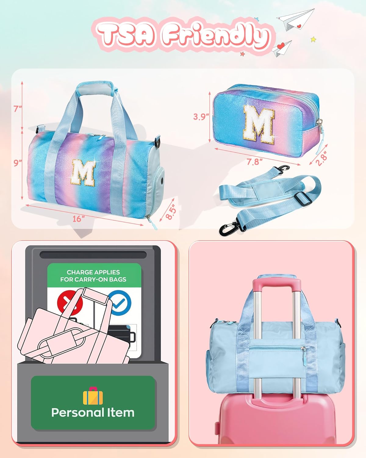 Gifts for 3 4 5 6 7 8 9 10 Year Old Girls-Girl Gym Bag with Shoe Compartment, Kid Personalized Weekender Overnight Bags, Initial Travel Tote with Makeup Pouch, Gift Ideas for Kids (Letter M)