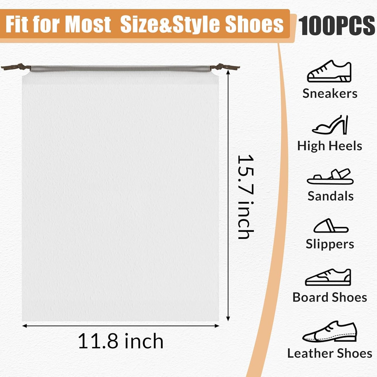 100pcs Clear Shoe Bags for Travel, 15.7" x 11.8" Waterproof Dust Bags with Drawstring, Portable Storage for Men and Women