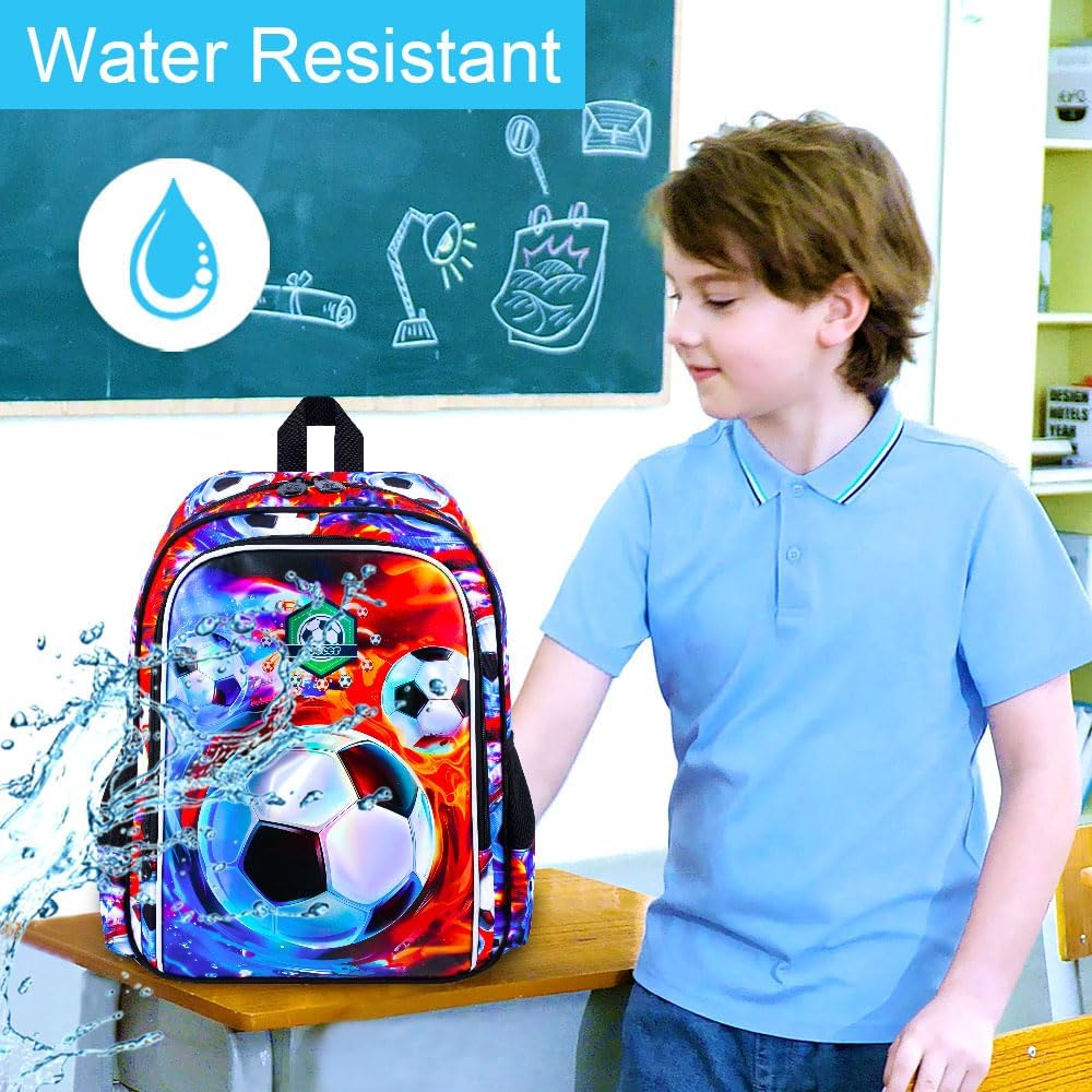 16" Soccer Backpack for Boy, 3Pcs Football School Backpacks with Lunch Box, Kids Bookbag for Elementary Preschool Kindergarten(Ice and Fire)