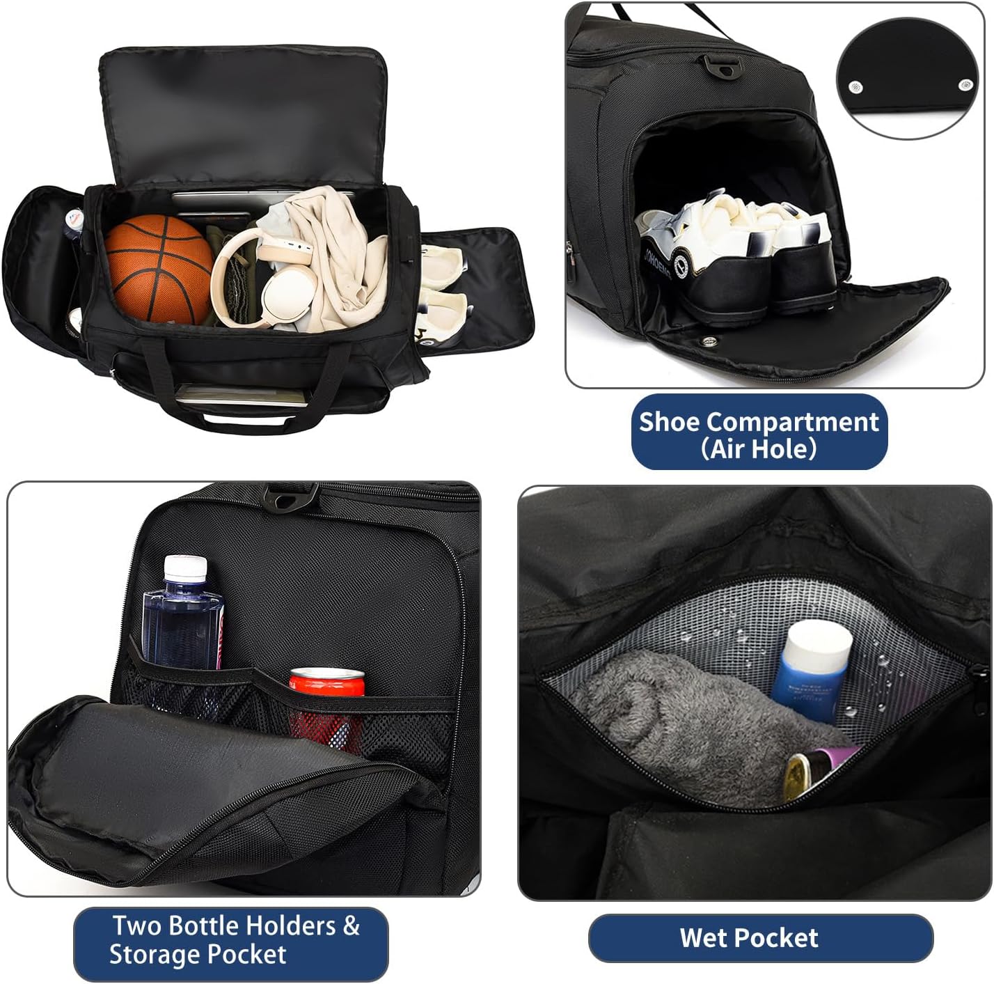 Waterproof Gym Bag with Shoe & Wet Compartment for Men/Women,Sports Duffle Bags for Workout/Fitness/Travel(Black,24.4"x12.6"x11.8")