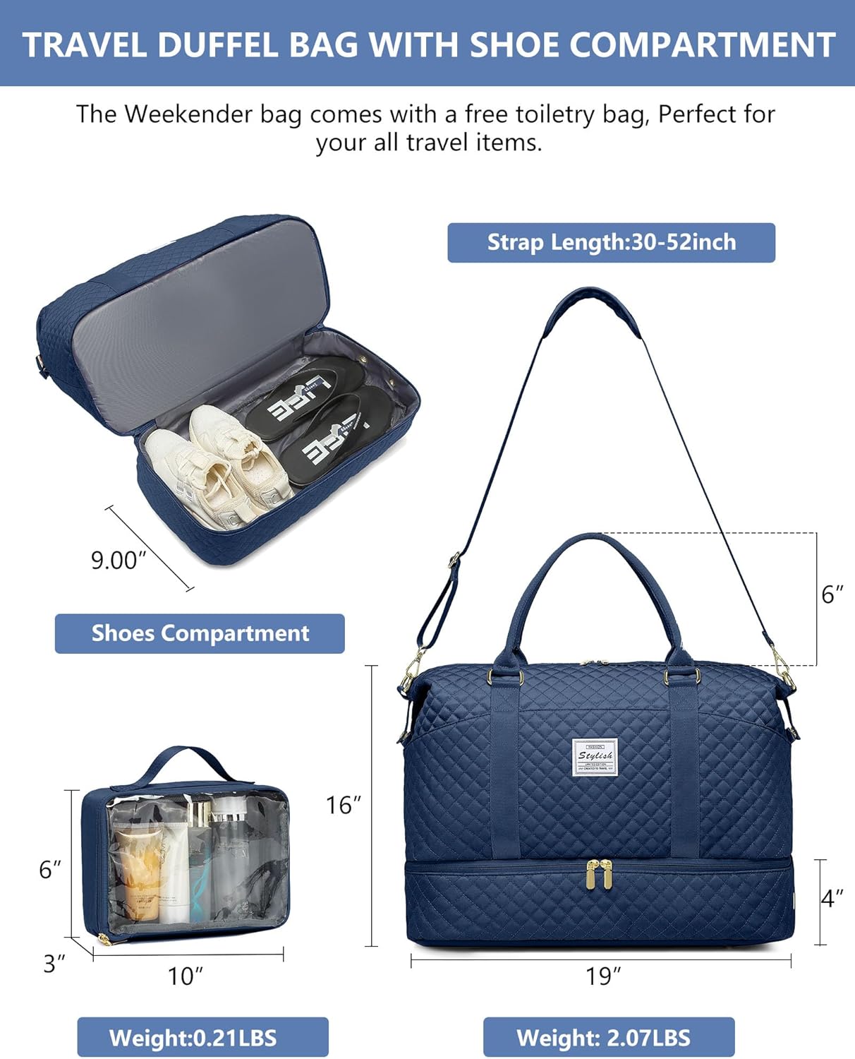 Weekender Bags for Women Duffle Bag - Travel Duffel Bag with Shoe Compartmen Carry on Overnight Bag with Toiletry Bag Gym Tote Bag with Wet Pocket Hospital Bags for Labor and Delivery Blue