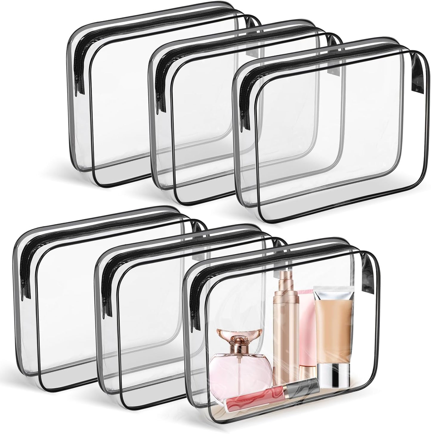 6 Pack Clear Toiletry Bag, TSA Approved Makeup Pouch Water Resistant Portable Travel Organizer, Carry On PVC Cosmetic for Airport Airline Complian