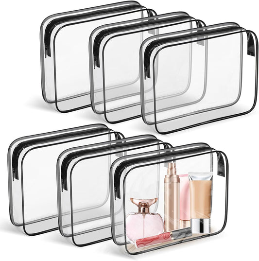 6 Pack Clear Toiletry Bag, TSA Approved Makeup Pouch Water Resistant Portable Travel Organizer, Carry On PVC Cosmetic for Airport Airline Complian