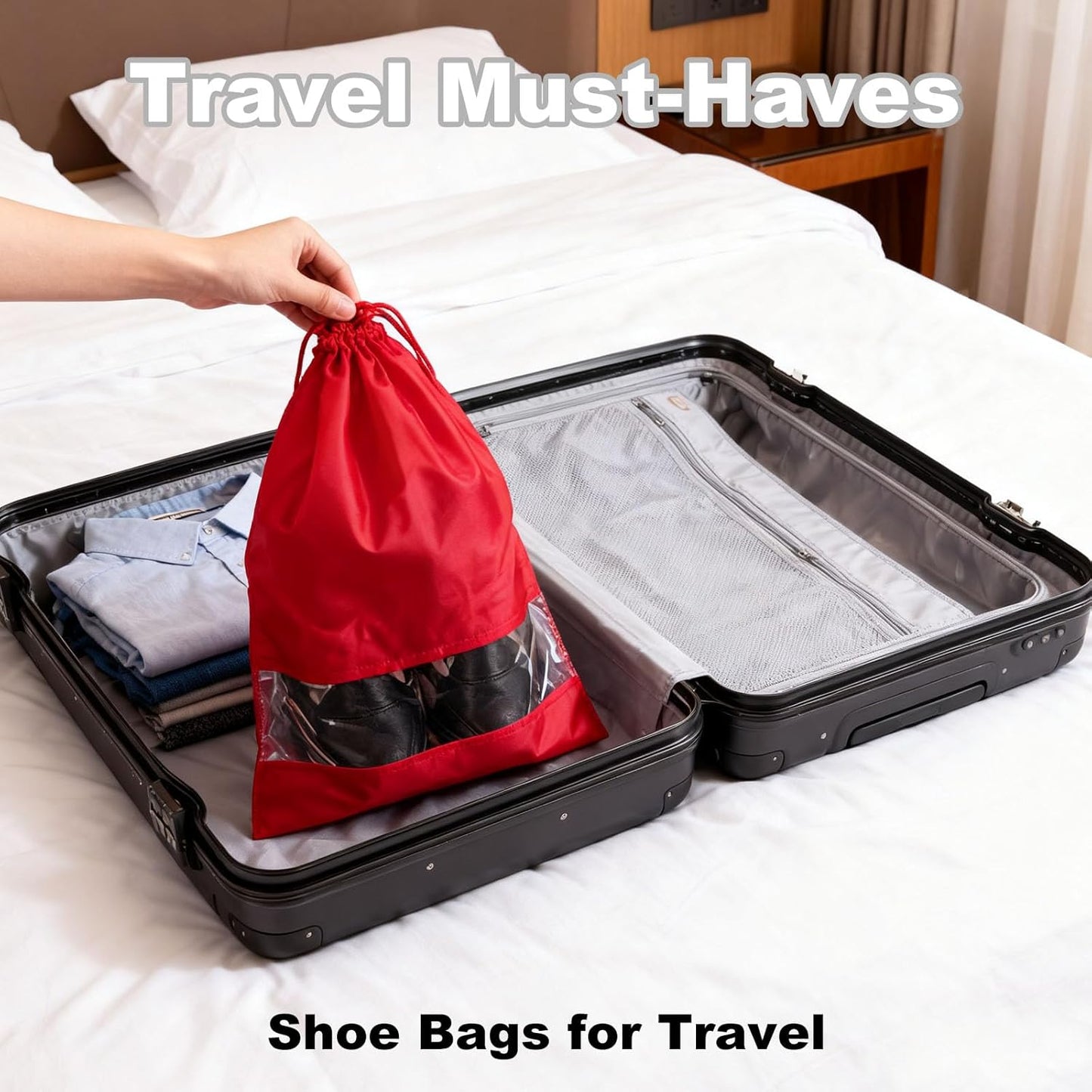 20 Pack Shoe Bags for Travel, 17" x 12.6" Drawstring Shoe Organizers with Clear Window, Breathable Non-Woven Dustproof Pouches for Luggage & Closet (Red)