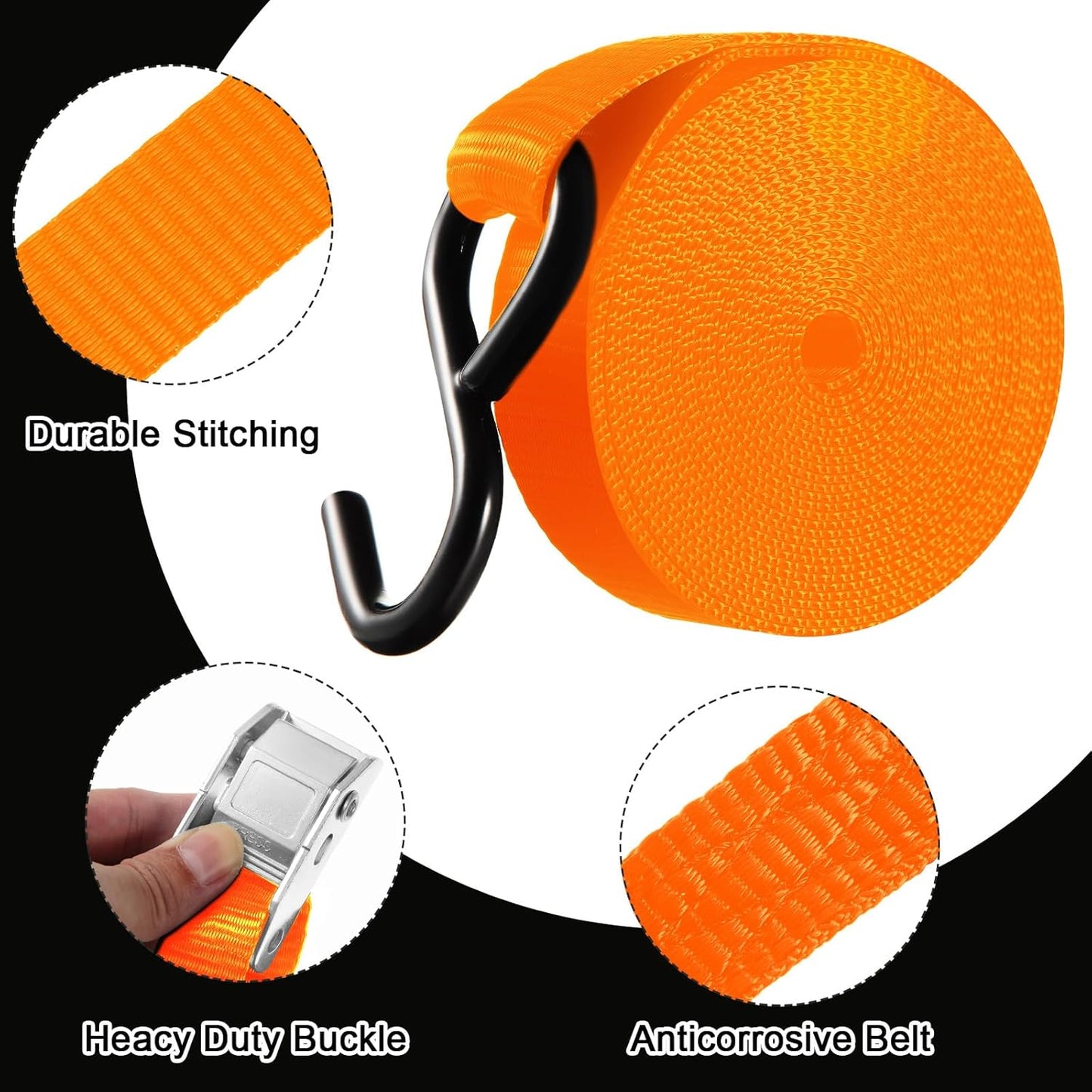 16 Pcs Cambuckle Tie Down Straps 1763lbs Break Strength Securing Straps 1'' x 15 ft Cambuckle Tie Downs with S Hook for Motorcycle, Kayak, Car, Truck, Boat Moving, Securing Cargo(Orange)