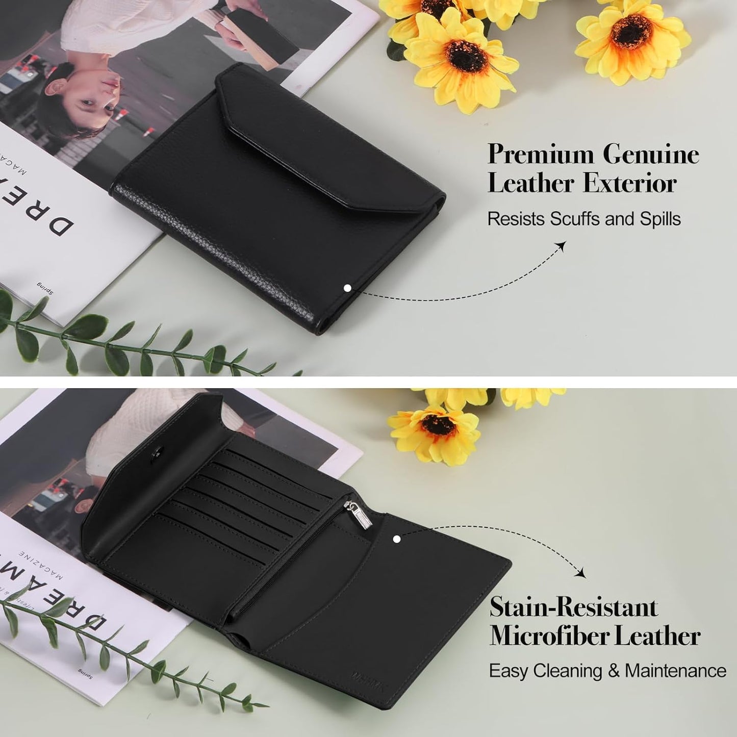 Leather Passport Holder for Travel,Rfid Passport Holder Protect Your Card Security,Passport Book Holder for Men Women,Travel Wallet with Cards & Pen Slot,Boarding Pass,Zipper Cash Pocket(Black)