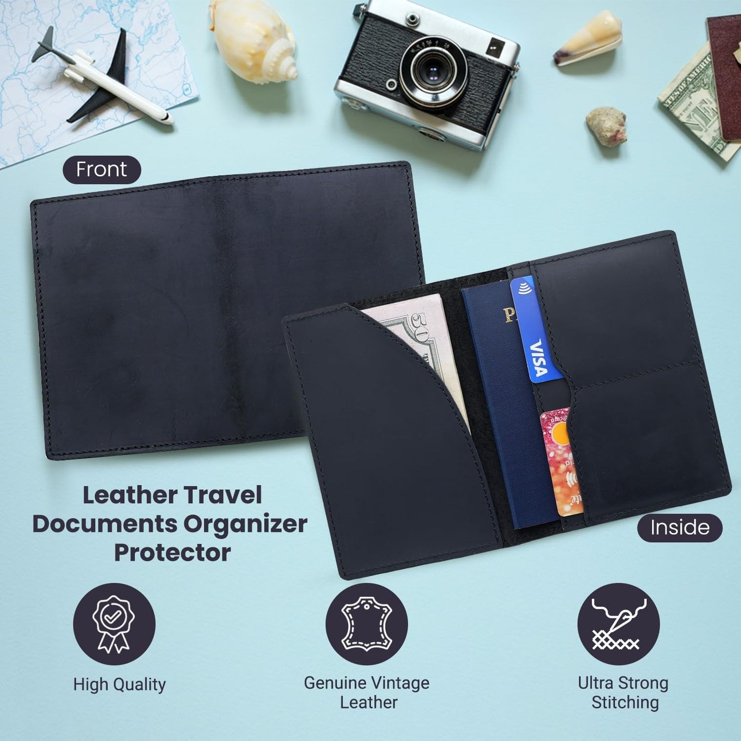 Leather Passport Holder with Travel Wallet, Genuine Leather Passport Cover- Passport Wallet, Leather Folding Wallet for Passports (Oval Cut, Black)