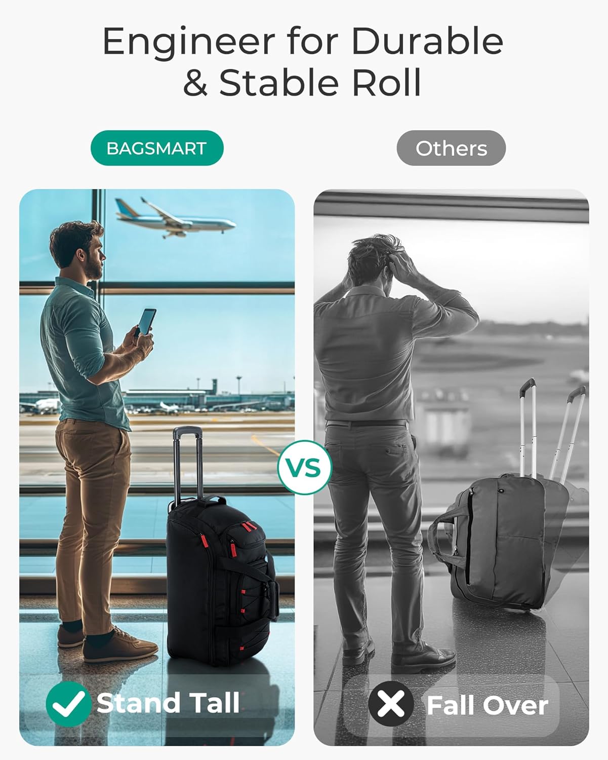 BAGSMART Rolling Duffle Bag with Wheels, 36L Travel Bag with Water-proof Pockets, Airline-Approved Carry On Duffel Bag with Handle, Black