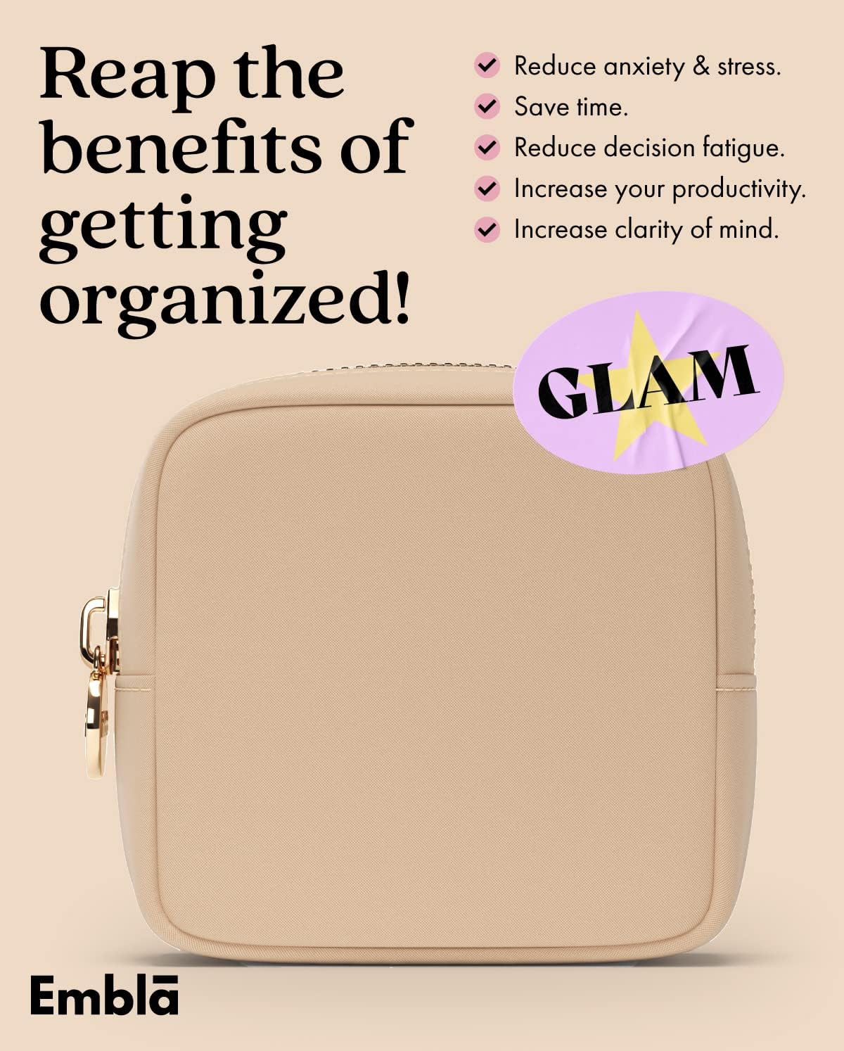 Embla Makeup Bag Travel Cosmetics Pouch and Toiletry Bag, Nylon Zipper Pouch Purse, Cute Make Up Organizer Storage Tote for Women Girls, Waterproof Travel Skincare Case, Small Makeup Bags, Sand