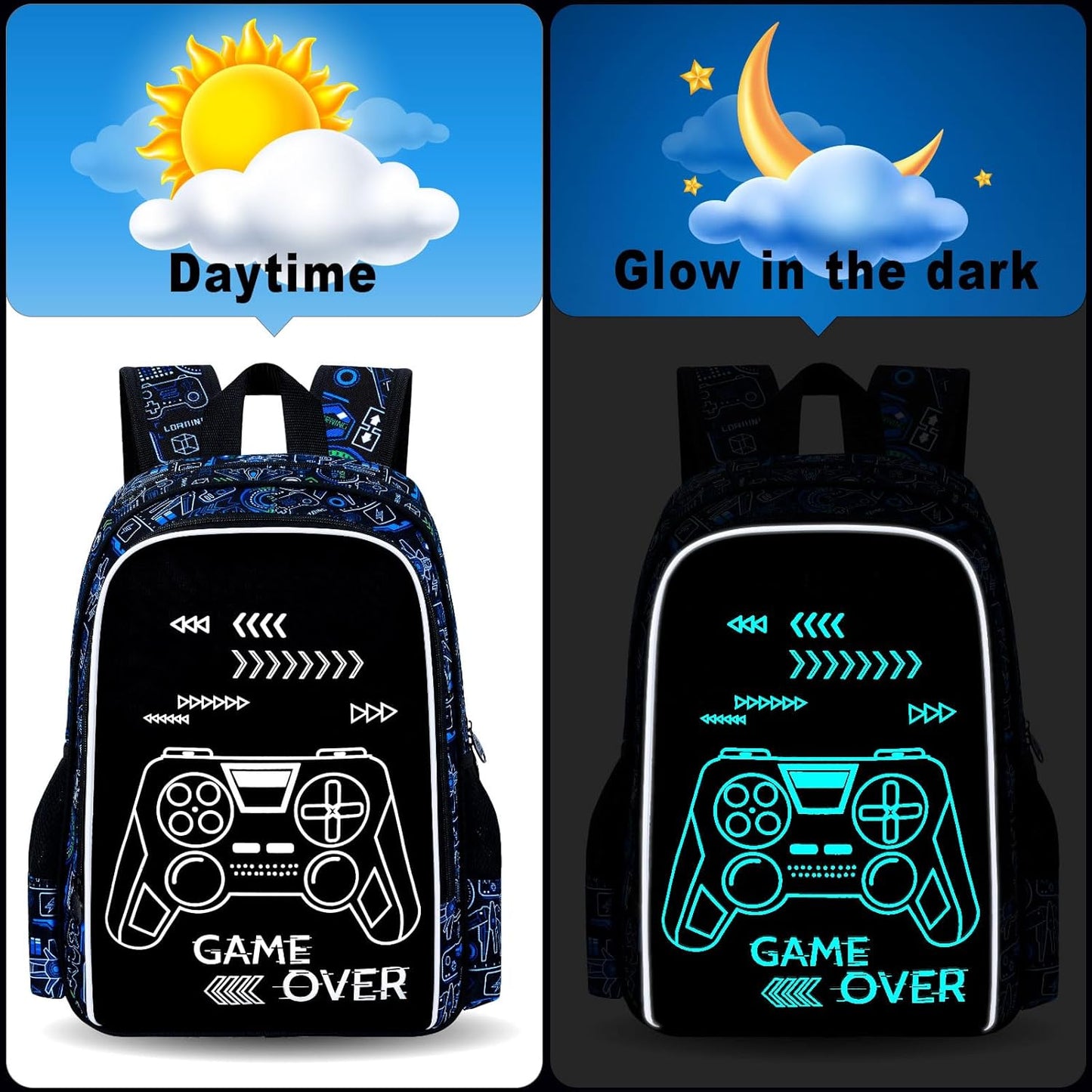 17 Inches Glow in The Dark Gamer Backpack for Boys, 3Pcs video Game School Bookbag Set for Teens, Laptop Backpacks with Lunch Bag(Blue)