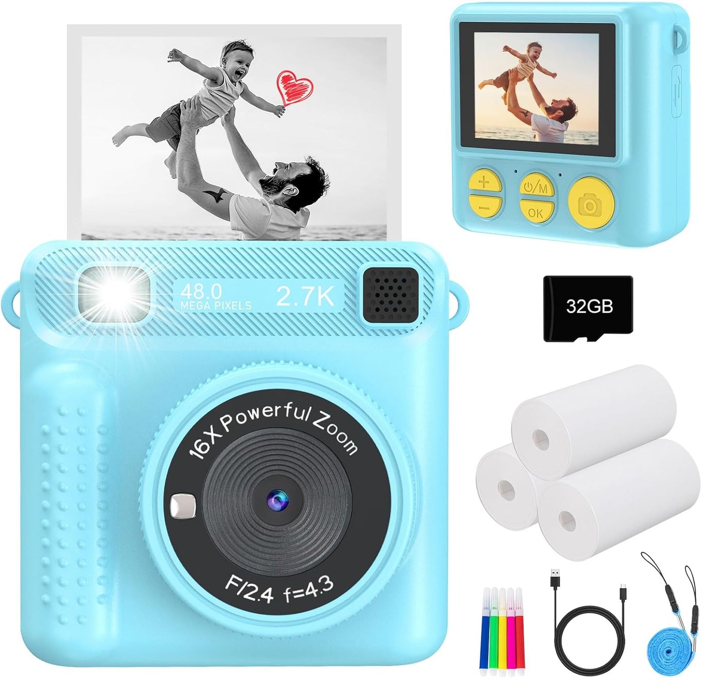 Instant Print Camera for Kids, Kids Cameras Ages 3-12, Digital Toy for Girls & Boys, Christmas and Birthday Gift, Portable HD Video Recorder with 32GB SD Card (Blue)