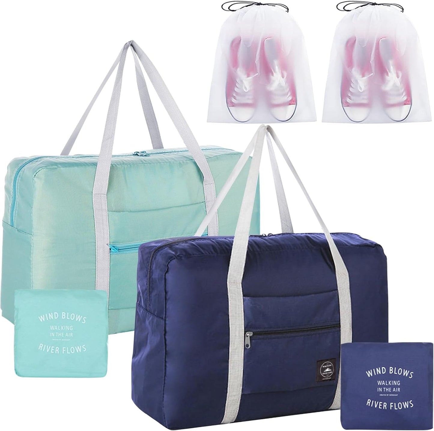 2PCS Travel Duffle Bag Tote Carry on Bag Nylon Lightweight Foldable Travel Bag Water Resistant Sports Gym Duffle Weekender Overnight Bag (Blue+Green+2Pe bag)