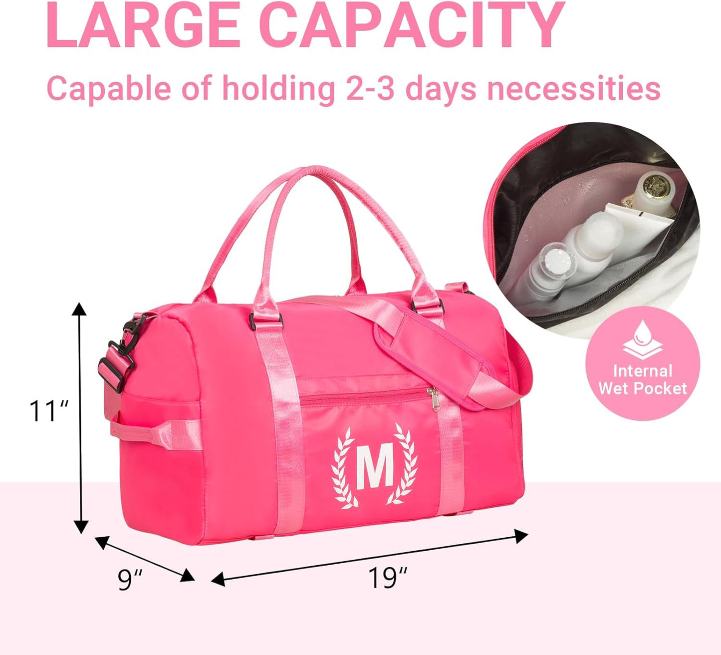 Gym Bag for Women, Personalized Duffle Bag with Shoe Compartment, Sports Bag for Yoga & Dance with Wet Pocket and Mat Strap(HotPink,E)