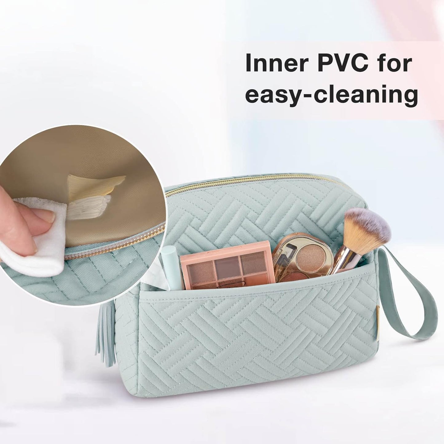 BAGSMART Makeup Bag, Cosmetic Bag for Purse,Travel Make Up Pouch,Water-resistant Toiletry Bag Elegant Roomy, Makeup Accessories Organizer, Light Blue