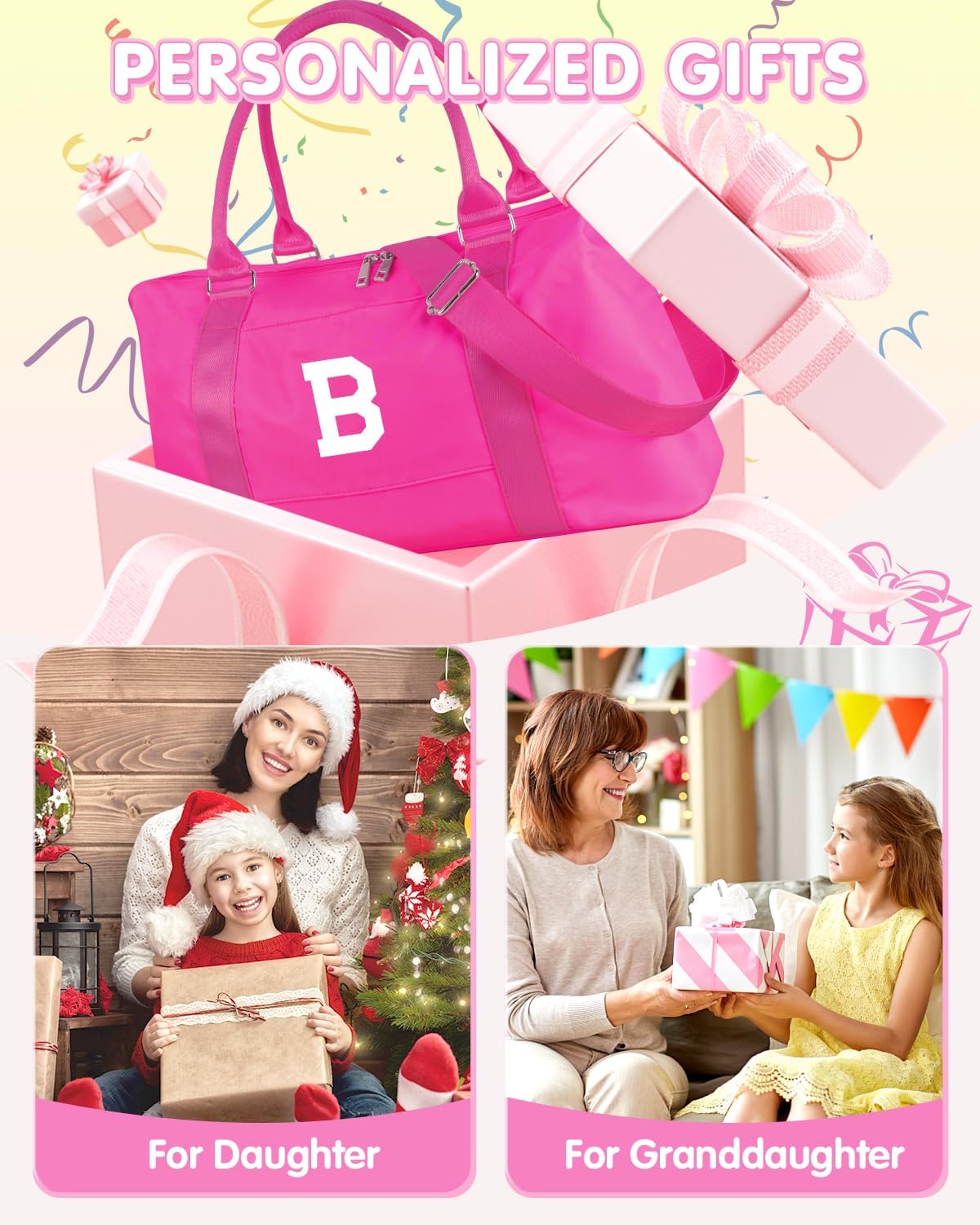 Overnight Bag for Kids Teen Girls Weekender Dance Bag Birthday Graduation Gifts,Initial Travel Duffel Bag Sports Gym Bag Personalized Weekender Bag Carry On Bags Preppy Gifts for Women(Hot Pink, B)