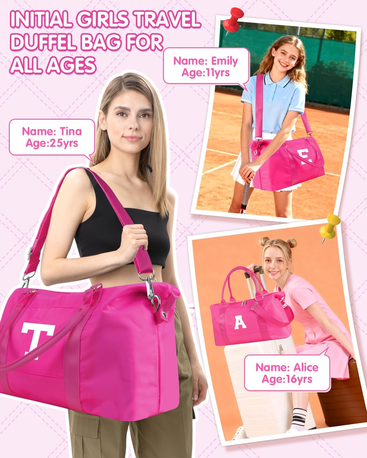 Overnight Bag for Kids Teen Girls Weekender Dance Bag Birthday Graduation Gifts,Initial Travel Duffel Bag Sports Gym Bag Personalized Weekender Bag Carry On Bags Preppy Gifts for Women(Hot Pink, E)