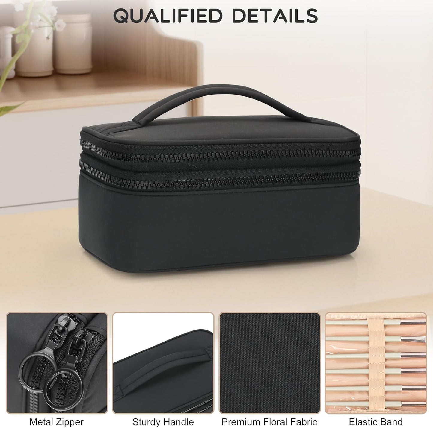 Relavel Makeup Bag Small for Women, Portable Cute Travel Cosmetic Bag, 2-Layers Design with Makeup Brush Compartment for Girls, Preppy Make Up Organizer for Travel Essentials Toiletries, Black