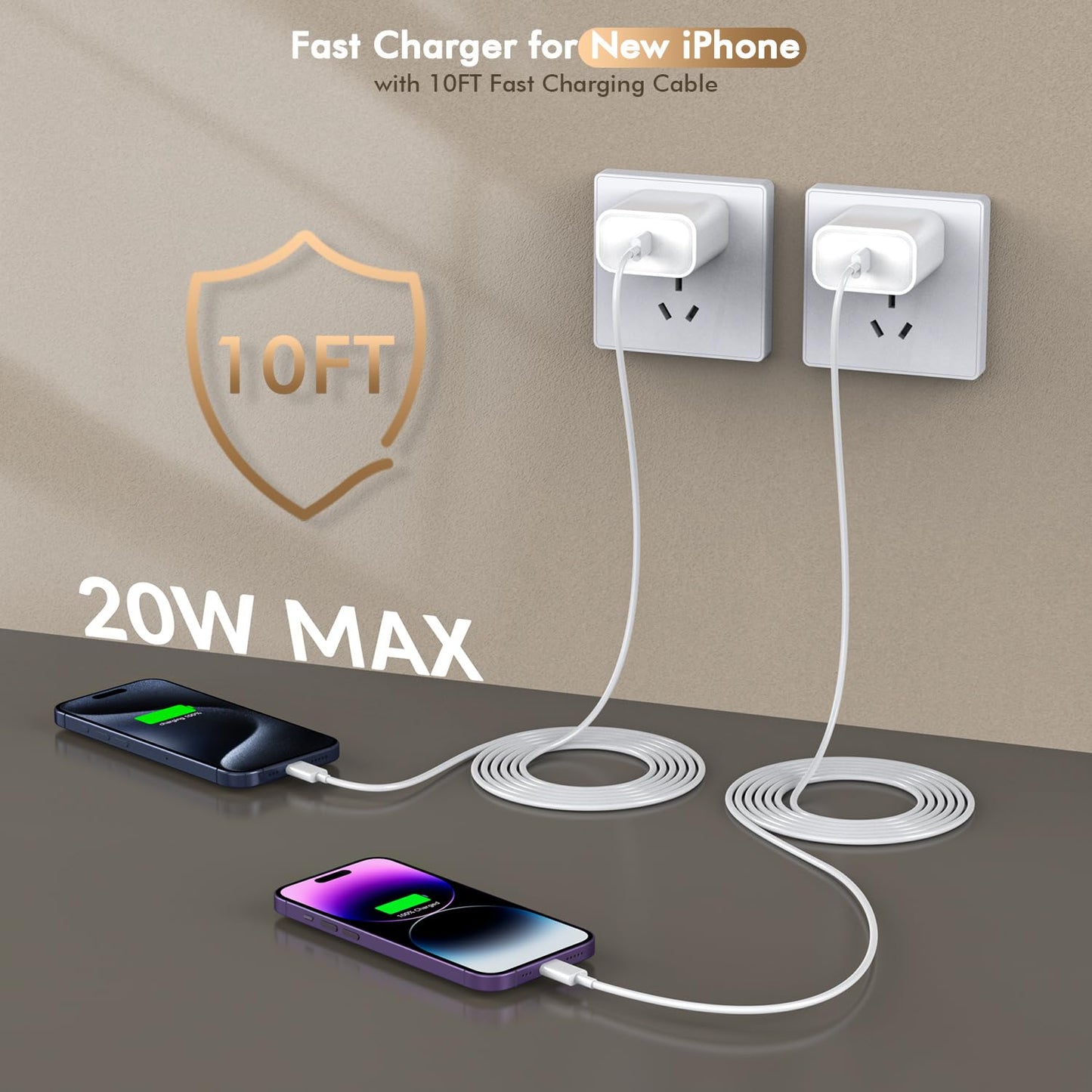 10FT Cord for iPhone 15 Charger Fast Charging,3Pack 20W USB C Wall Charger Charging Block Long USB C to Type C Cable for iPhone 15/Plus/Pro/Pro Max/iPad Mini 6/iPad Air 4/iPad Pro 12.9/iPad Pro 11inch