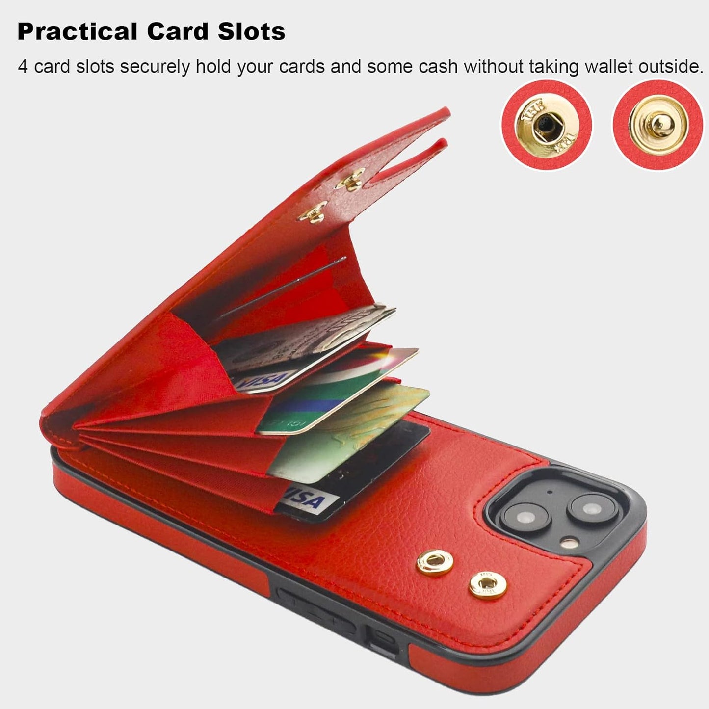 Folosu Compatible with iPhone 14 Plus Case Wallet with Card Holder, 360°Rotation Finger Ring Holder Kickstand, RFID Blocking Leather Protective Double Buttons Shockproof Cover 6.7 Inch Red