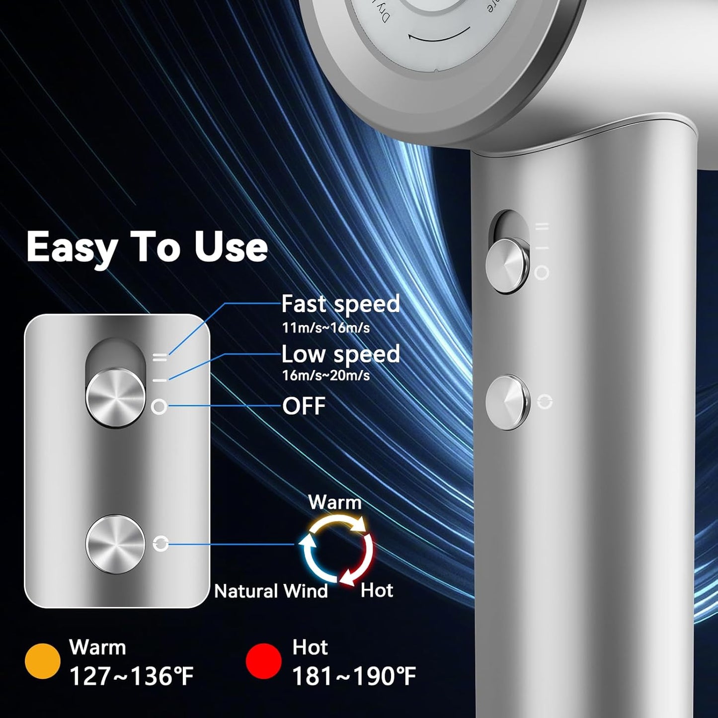 High Speed Hair Blow Dryer｜Professional Salon Grade Air Speed, Negative Ion Hair Care｜Quiet Design｜Suitable for Thick Hair/Styling with Diffuser, Long Motor Lifespan