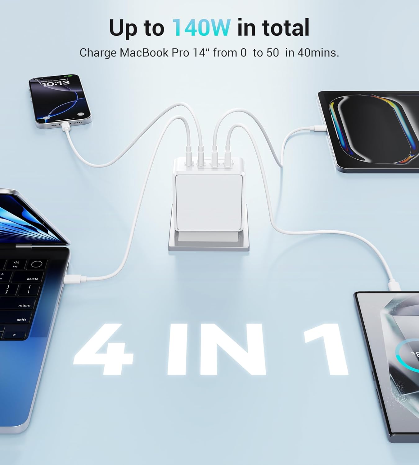 140W USB C Mac Book Pro Charger, 4-Port Type C 20W Fast Charger Block for USB C Port MacBook Pro & MacBook Air, ipad Pro,Wall Charging Block Cube for iPhone 17/16/15/14/13 Pro Max, iPad,Samsung Galaxy