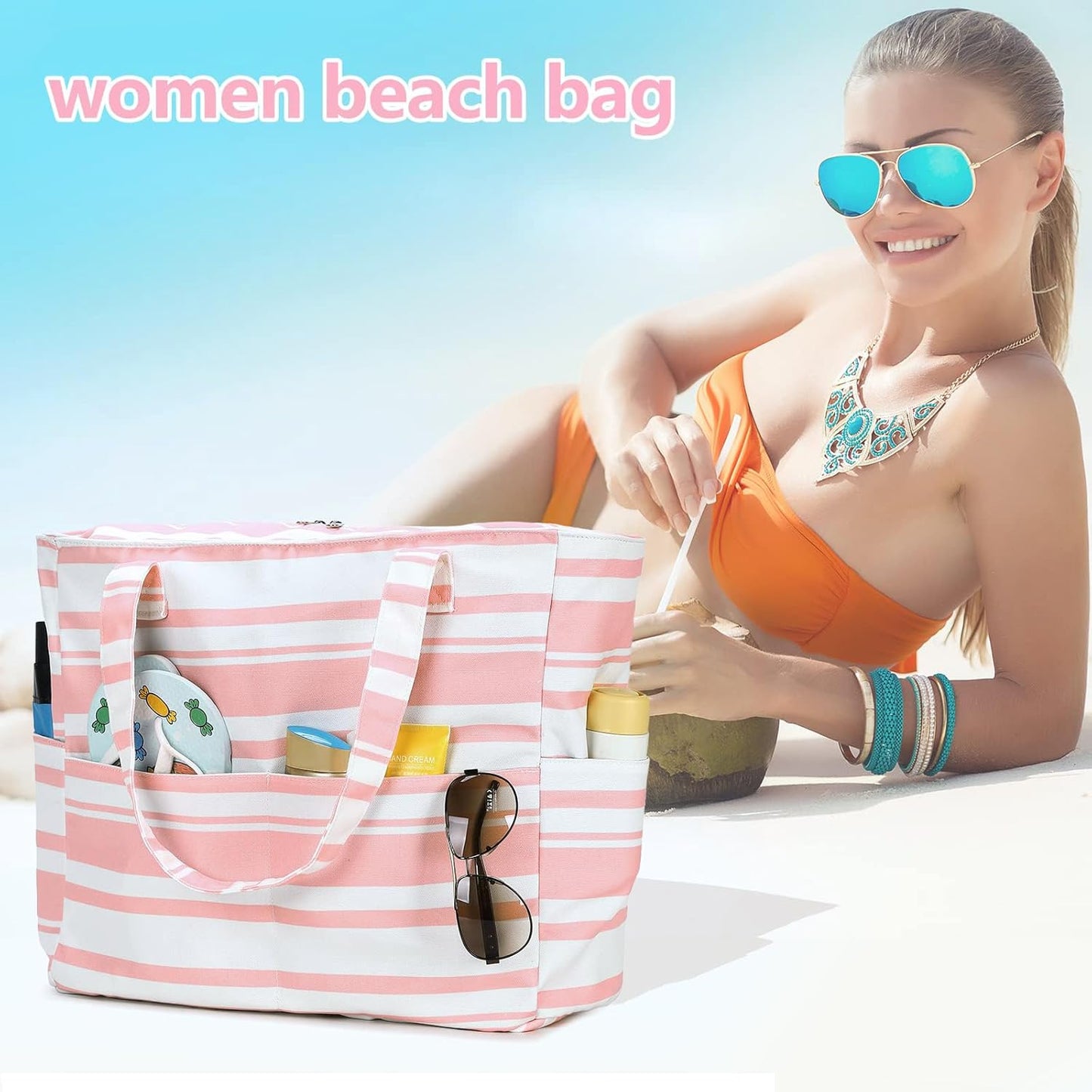 LEDAOU Beach Bag Waterproof Sandproof Women Tote Bag Pool Bag with Zipper for Gym Grocery Travel with Wet Pocket