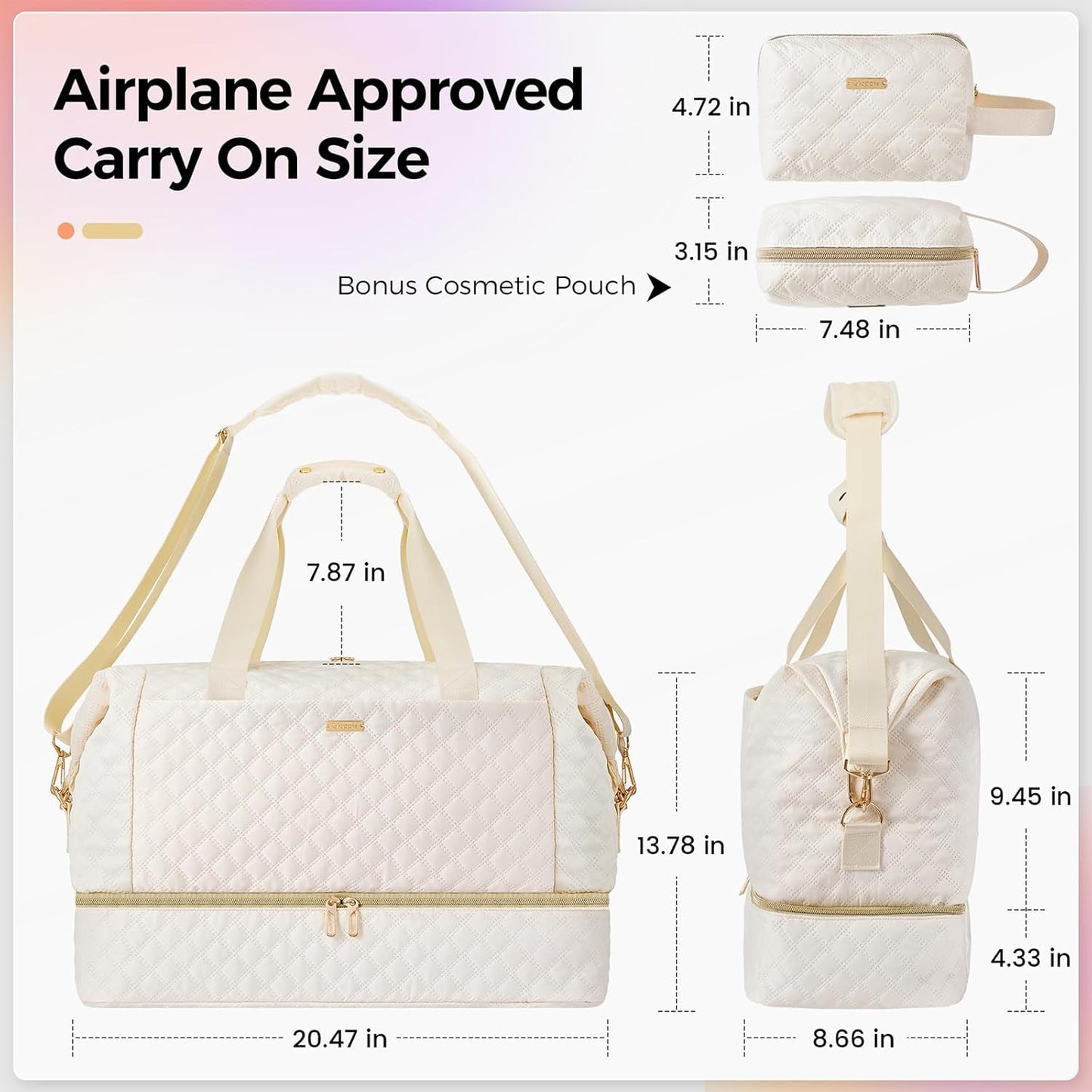 Gloppie Weekender Bags for Women with Shoe Compartment, 39L Large Travel Duffel Bag, Carry On Overnight Gym Bags with Wet Pocket, Hospital Bag for Women Labor Delivery, 2 Pcs Set, Beige