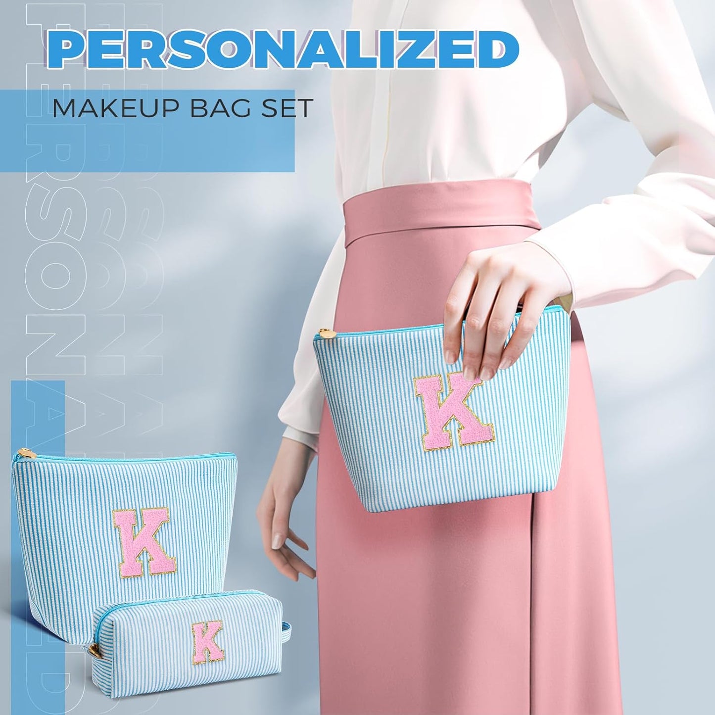 Monogrammed Gifts for Women - Cosmetic Bag for Teen,Initial Cute Makeup Bag Set for Women,Trendy Pouch for Niece Sister Friend Female Her,Birthday Gifts for Daughter - Blue,K