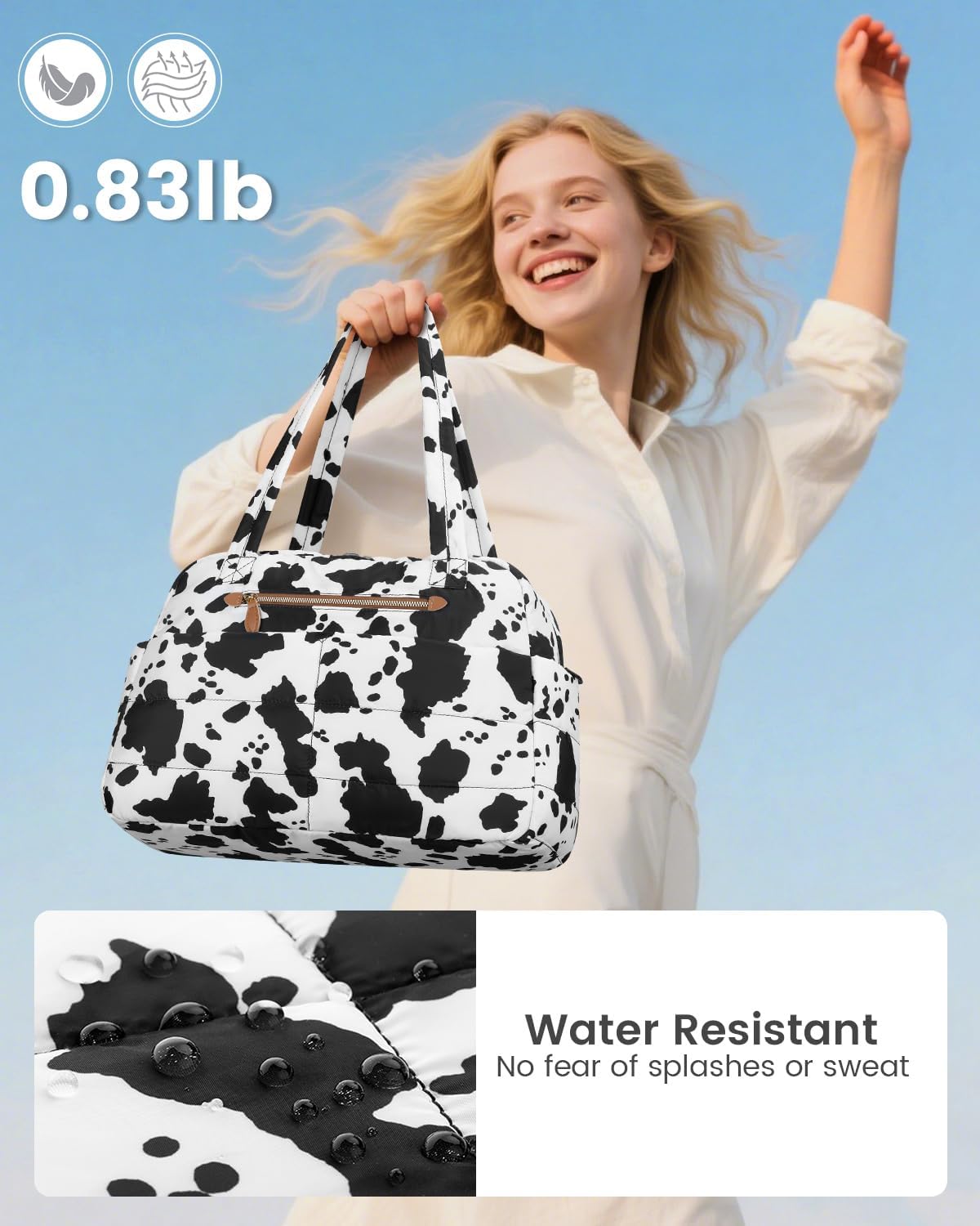 Travel Duffle Bag,Puffer Carry On Duffel Bag with Laptop Compartment Waterproof Overnight Weekender Bags for Women Large Hospital Tote Bags for Labor and Delivery(Medium,Cow Print)