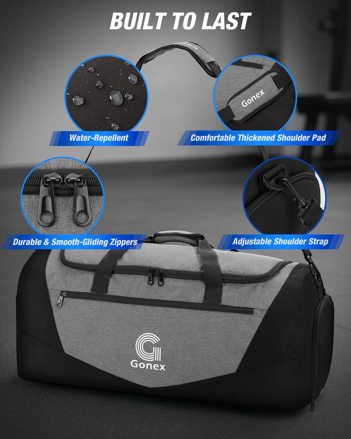 Gonex Gym Duffel Bag with Shoe Compartment Wet Pocket, Large Capacity Sports Duffle Bag for Men Women, Workout & Travel Bag with Multiple Pockets, Black/Gray, Small (30L)