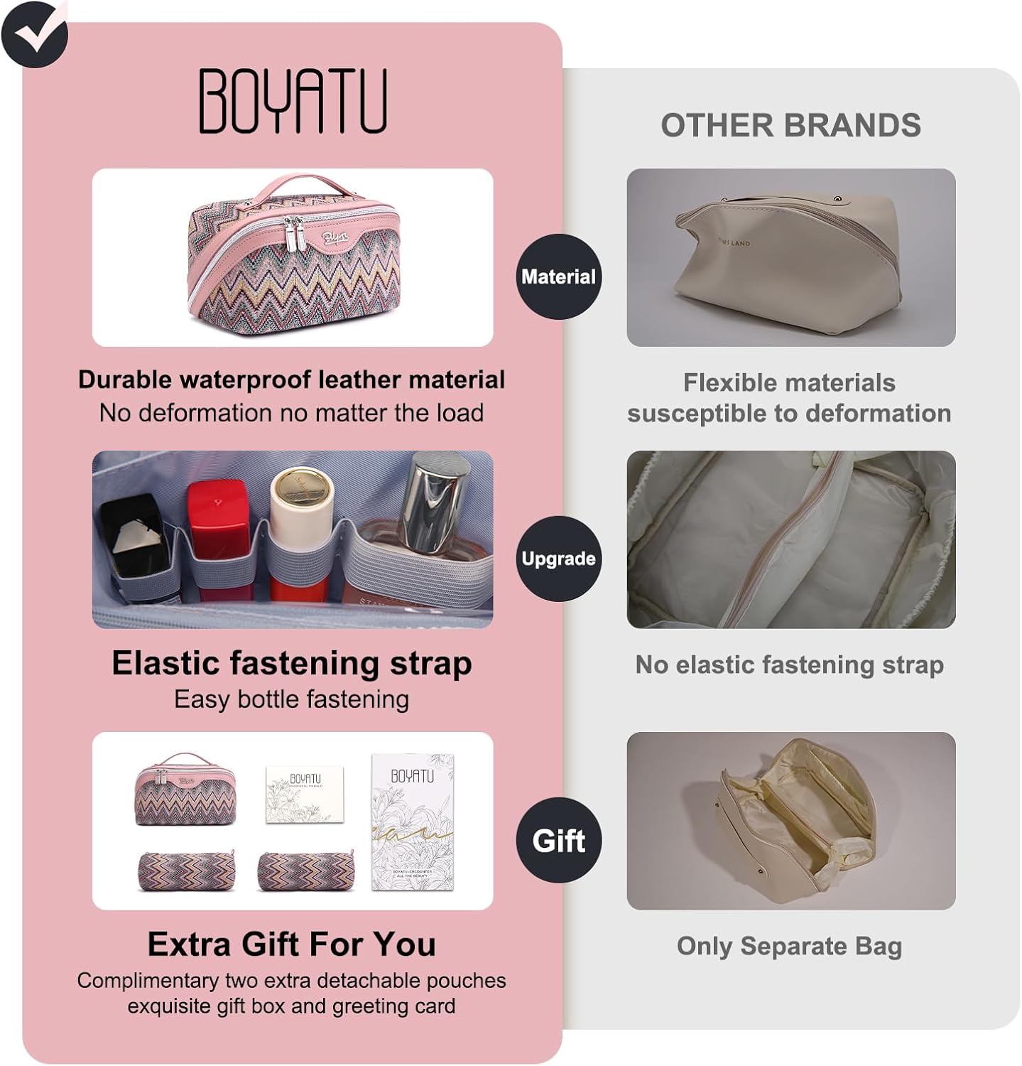BOYATU Travel Makeup Bag for Women: Western Boho Make up Bag Set of 3 - Large Capacity Vegan Leather Cosmetic Bag - Waterproof Toiletry Bag with Compartments & Handle & Divider(J-1-Pink)
