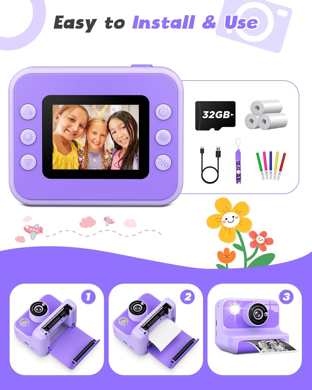 Instant Print Camera for Kids, 1080P Digital Video Cameras, Christmas Birthday Gifts Toys for Age 3-12, Toddler Camera for 4 5 6 7 8 9 10 Year Old Girls - Purple