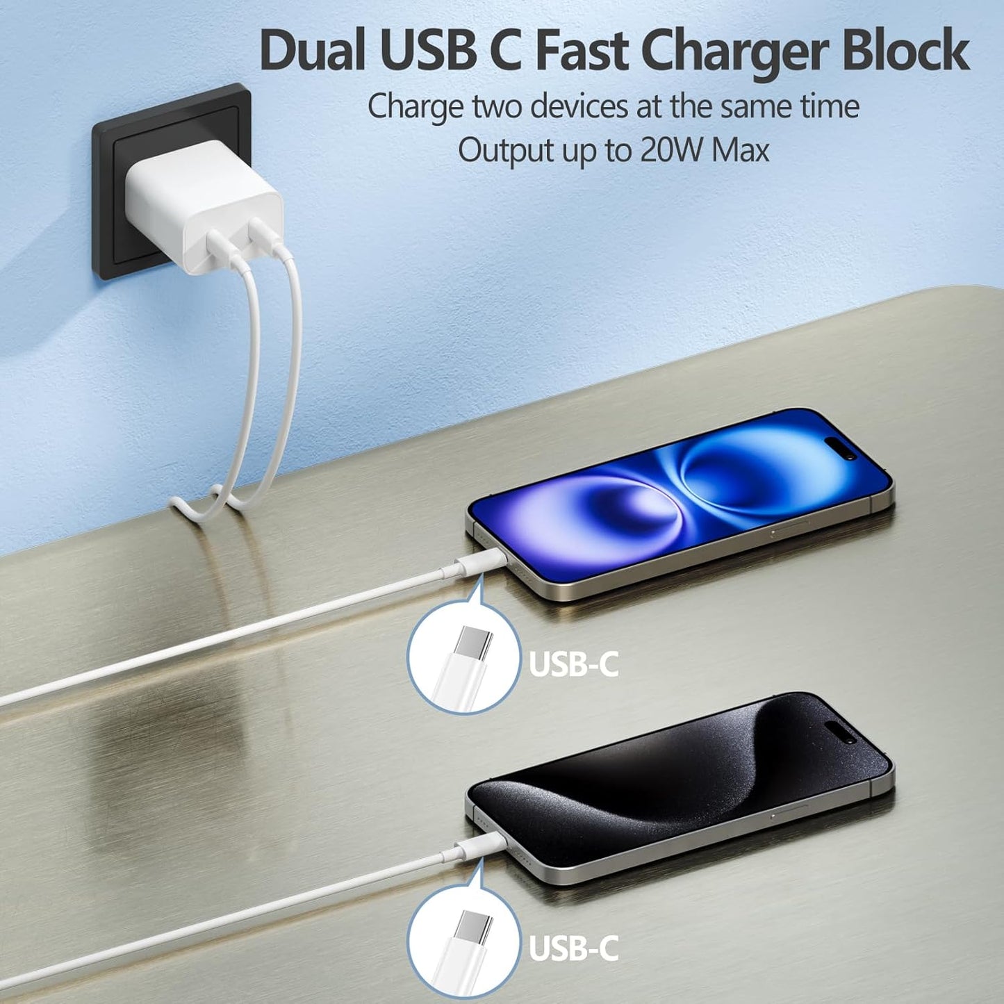 10ft Cable for Apple iPhone 16 15 Charger, Dual C Fast Charging, 2in1 Double C Fast Charge Block with Long USB C to C Charge Cord for iPhone 16 Pro Max/16 Pro/16/16E, 15 Pro Max/15 Pro/15 Plus, 2Pack