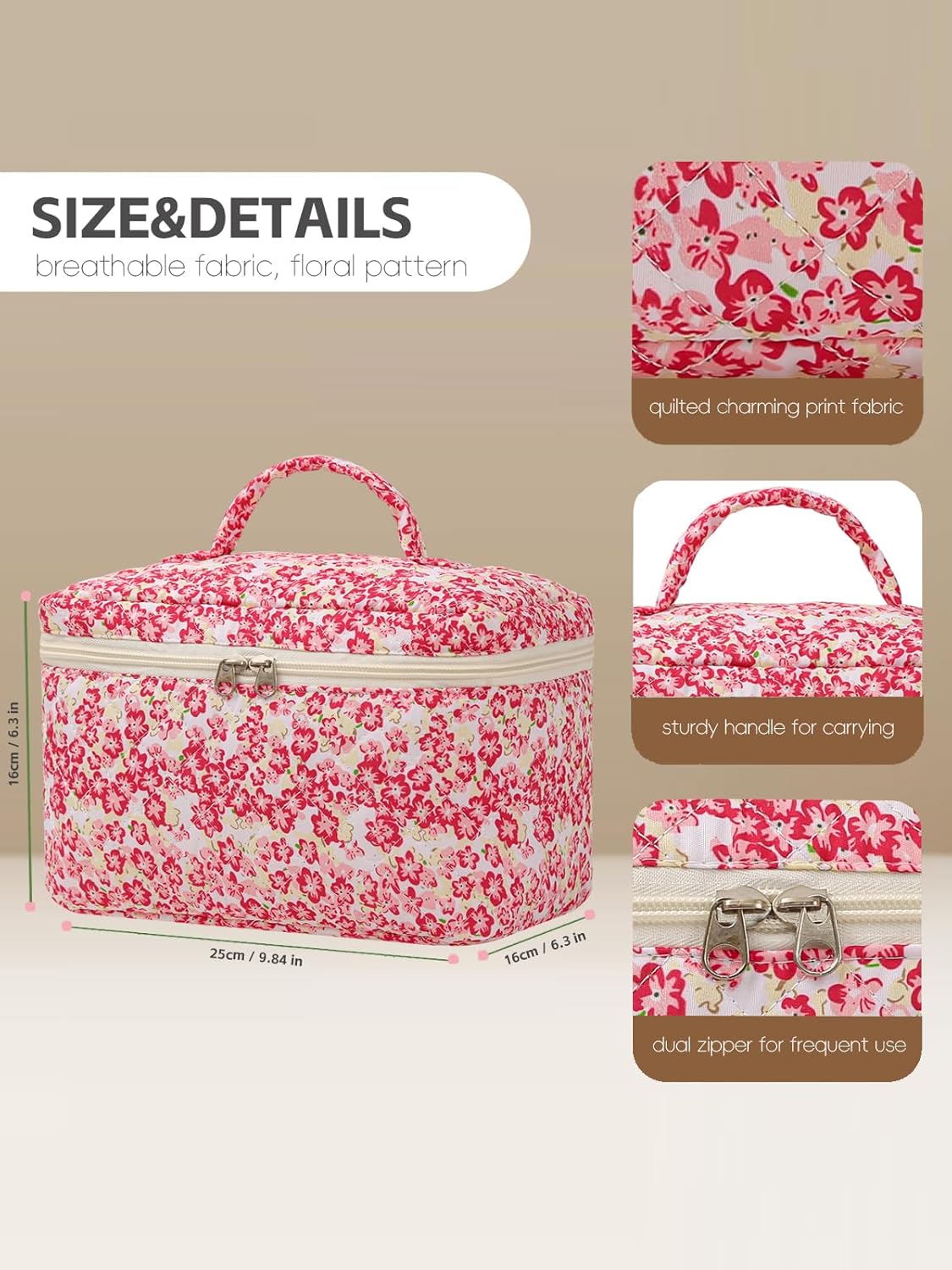 Large Travel Quilted Makeup Bag for Women Girls, Floral Cosmetic Bag, Cute Coquette Aesthetic Flowers Toiletry Organizer Bag Red Flower