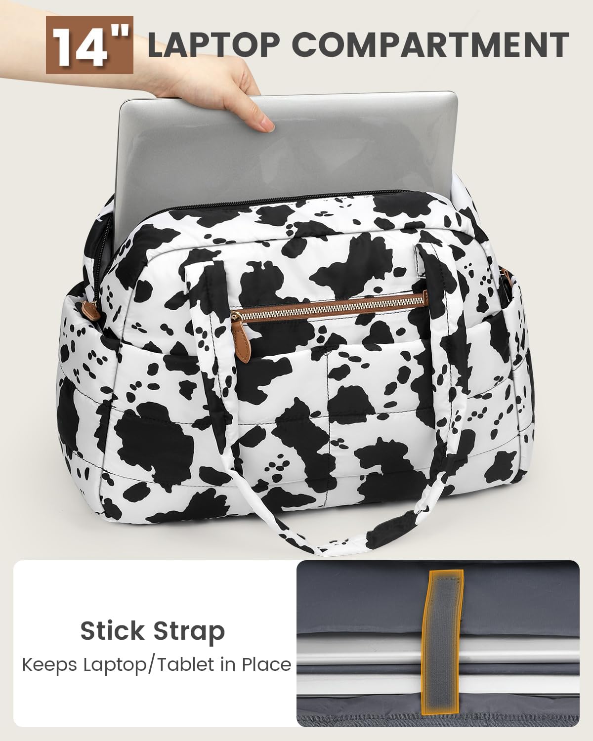 Travel Duffle Bag,Puffer Carry On Duffel Bag with Laptop Compartment Waterproof Overnight Weekender Bags for Women Large Hospital Tote Bags for Labor and Delivery(Medium,Cow Print)