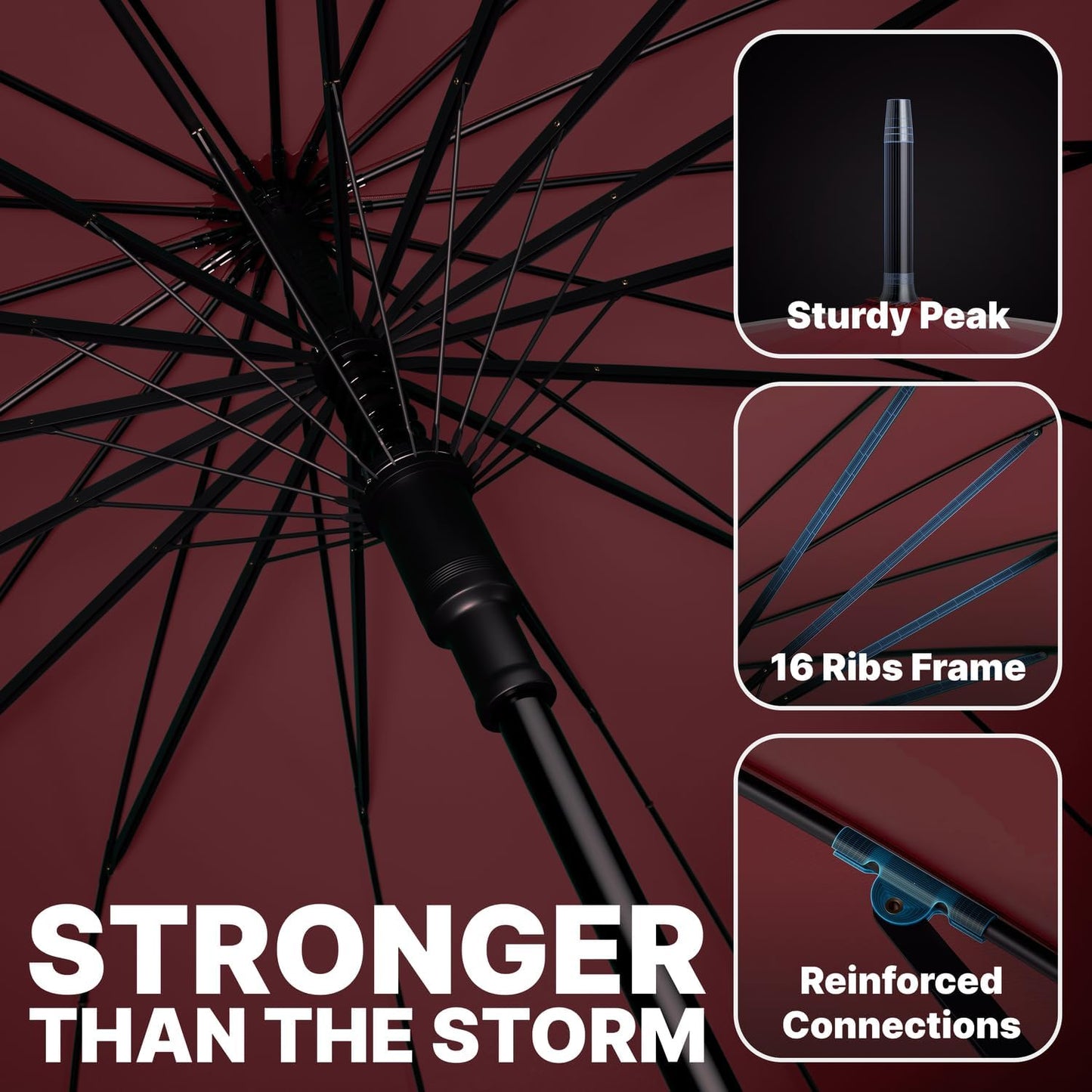 Royal Walk Windproof Large Umbrella for Rain 54 Inch Automatic Open for 2 Persons Wind Resistant Big Golf Umbrellas for Adult Men Women Classic Wooden Handle Fast Drying Strong 16 Ribs Travel 120cm