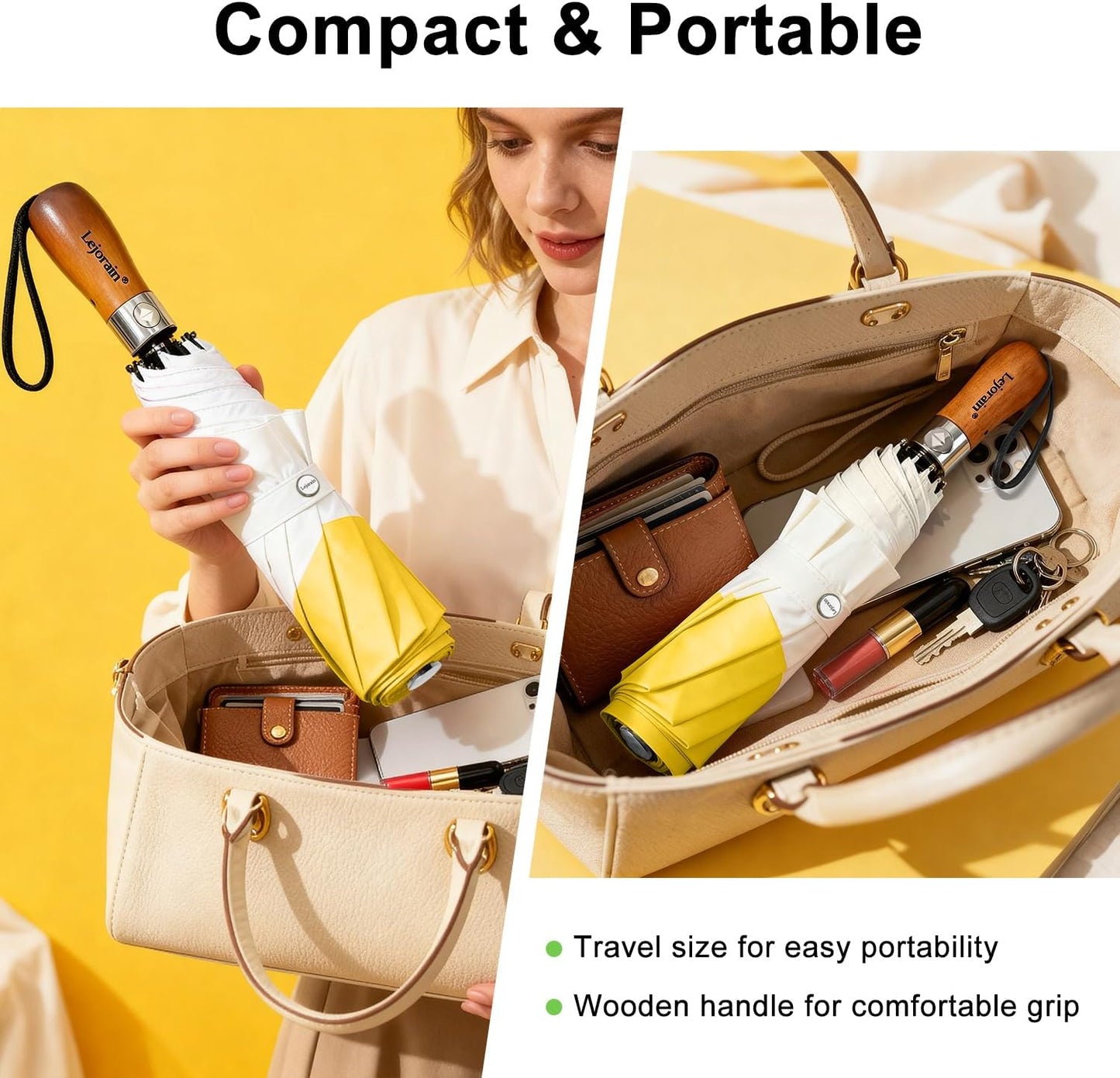 Lejorain Compact Golf Umbrella Large - 54inch Travel Big Portable Automatic Folding Umbrella Windproof for Men Heavy Duty 210T Dupont Teflon Coated Umbrella for Rain