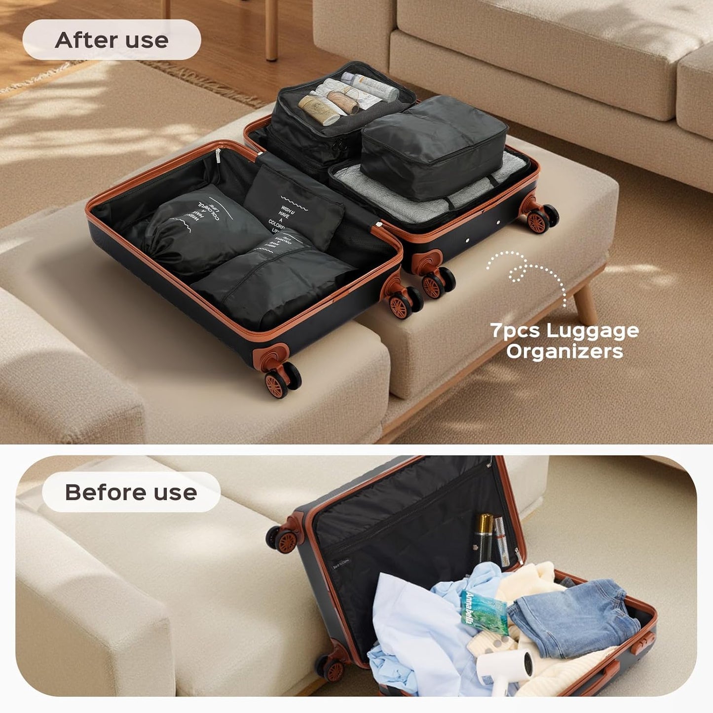 10 Piece Luggage Sets, 3 Piece Suitcase Set, 20 inch Carry on Luggage, 24 inch and 28 inch Checked Luggage with 7PC Packing Bags