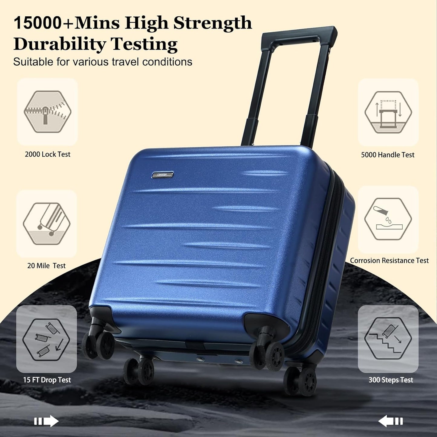 16 Inch Carry On Luggage Airline Approved, Expandable Lightweight ABS+PC Hard Shell Suitcases with 360° Spinner Wheels, TSA Lock, YKK Zippers (Navy Blue, 1 PC)