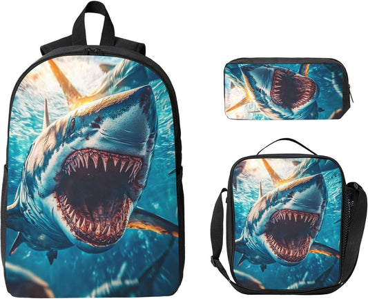 Fish Ocean Kid Backpack Set with Lunch Bag & Pencil Case Large Capacity School Bag 17 Inch Bookbag for Boy Girl