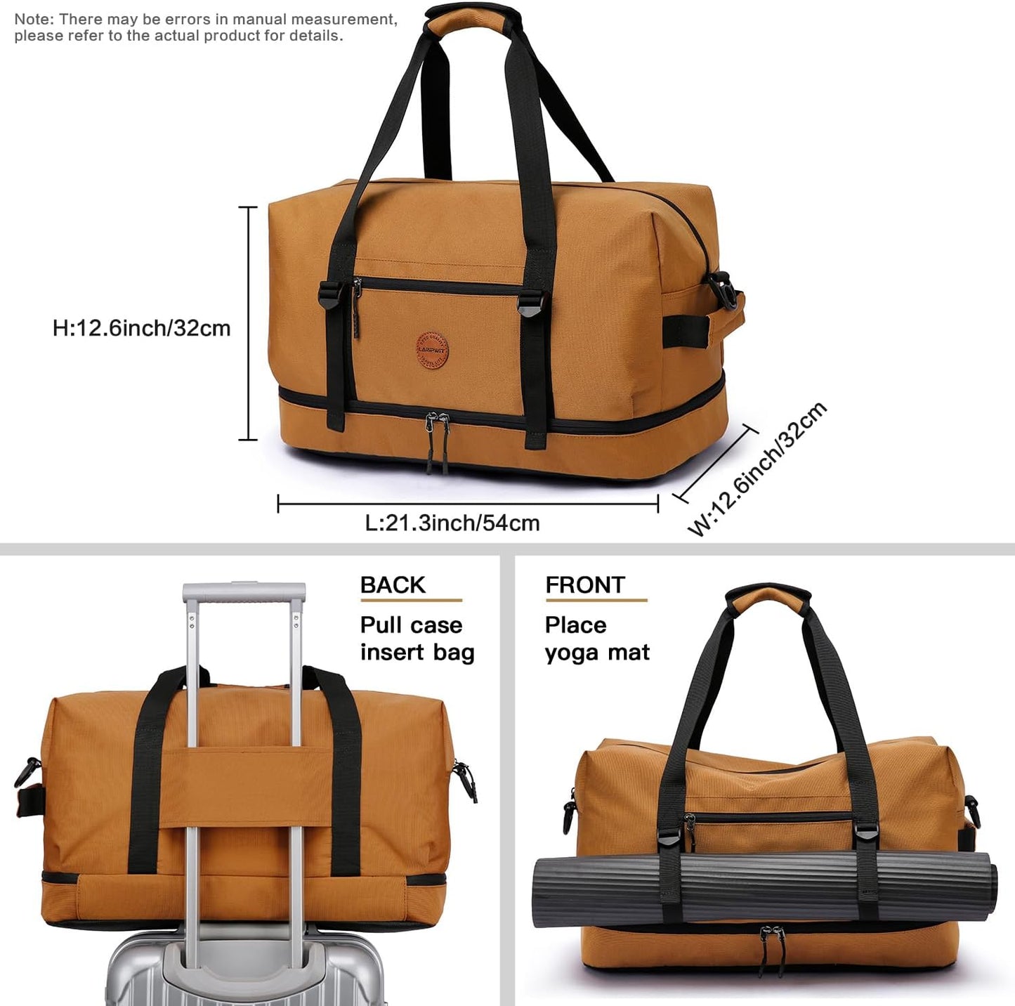 Laripwit Duffle Bag Large Size Gym Bags for Men Waterproof Travel Duffel Bag for Women Weekender Bag with Shoes Compartment Overnight Bag 55 L, Brown