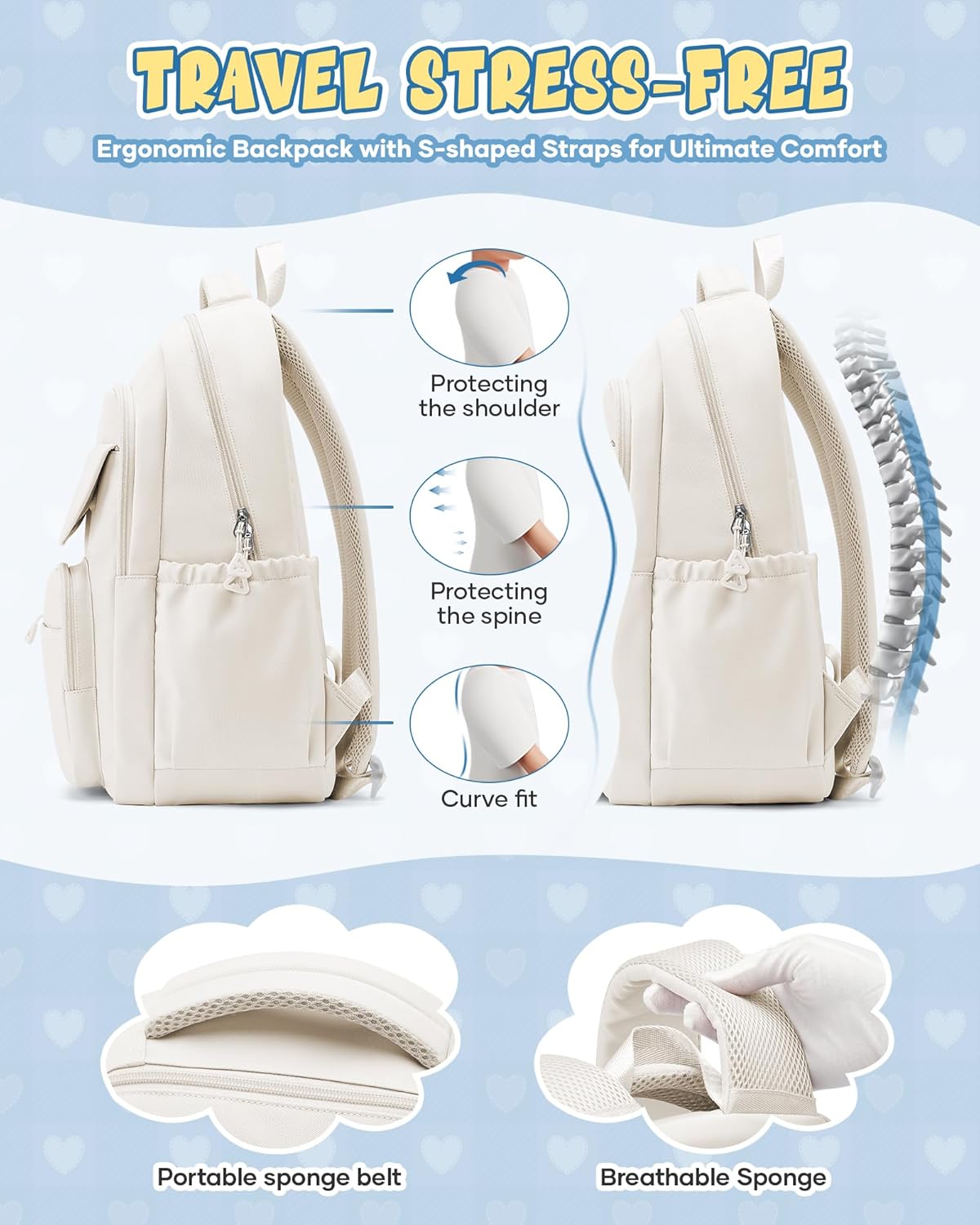 School Backpack for Women Men Cute Backpack for College Students Lightweight High School bag for Teens Girls Boys Waterproof Casual Daypacks Bookbag(Beige)