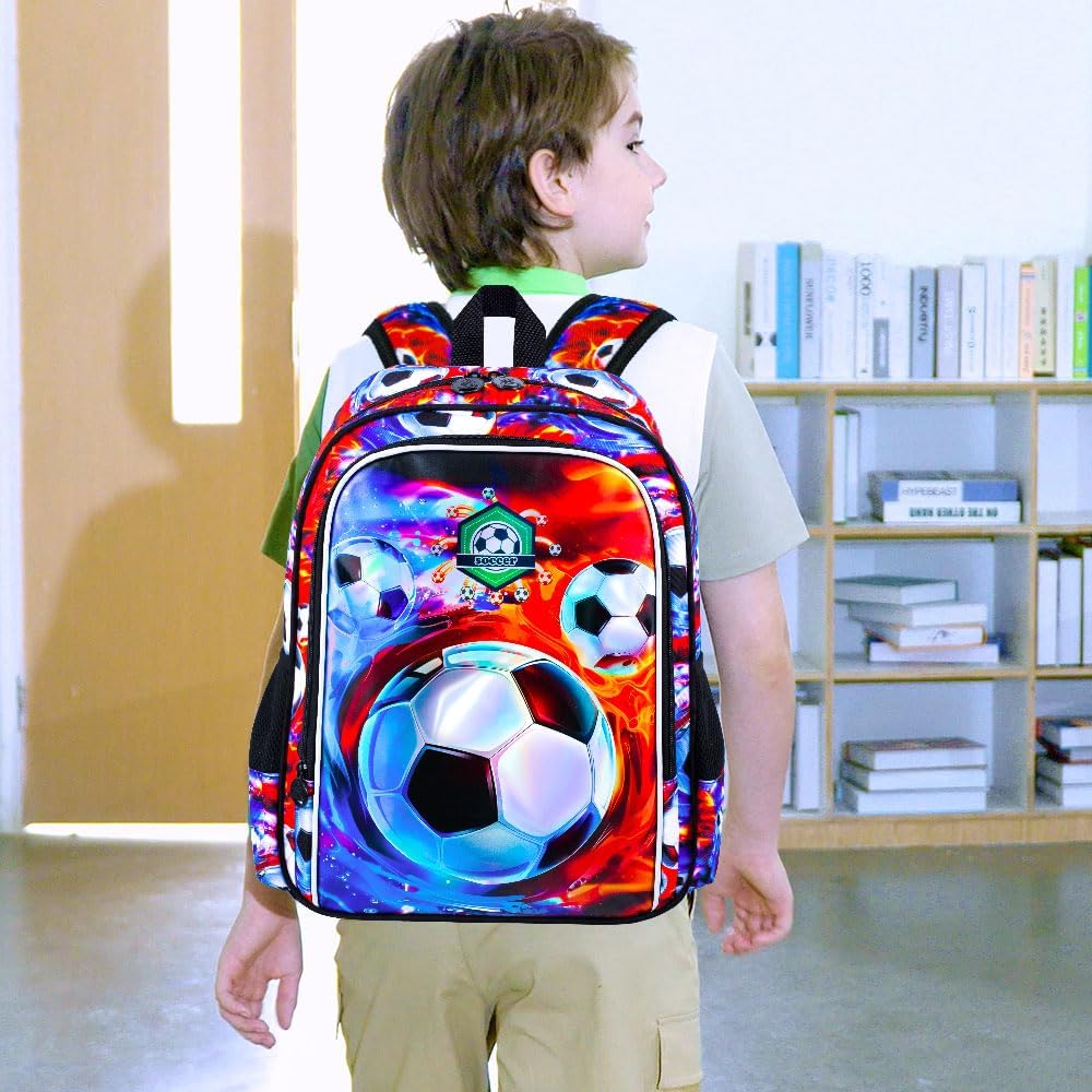 16" Soccer Backpack for Boy, 3Pcs Football School Backpacks with Lunch Box, Kids Bookbag for Elementary Preschool Kindergarten(Ice and Fire)