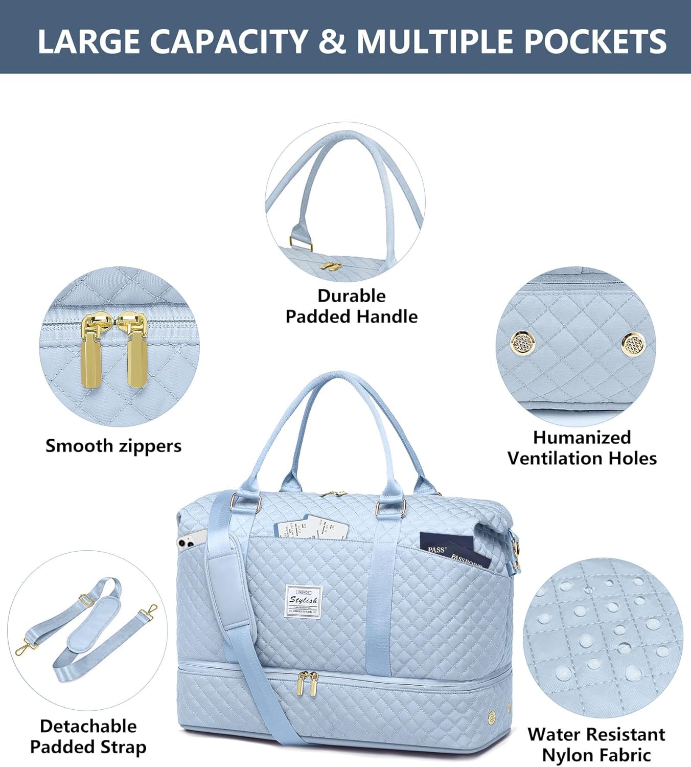 Travel Overnight Bag Weekender Bags- Duffle Bags Women with Shoe Compartment Carry on Overnight Bag with Toiletry Gym Duffel with Wet Pocket Hospital Bags Light Blue