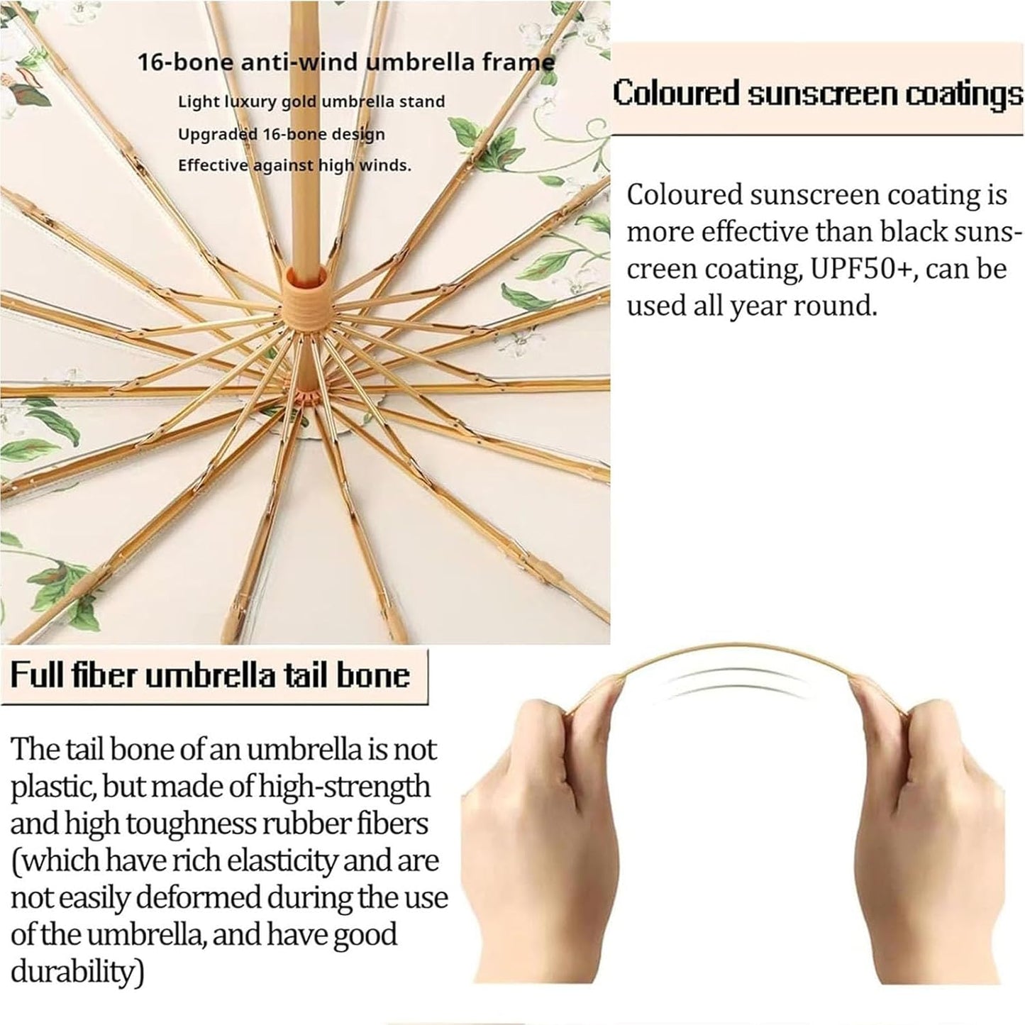 Folding umbrella for rain and sun UPF 50+ UV Protection Windproof waterproofing and Strong Travel Essentials for Men Womens Umbrella 16 Ribs Wooden Handle Flower Travel Umbrella Compact