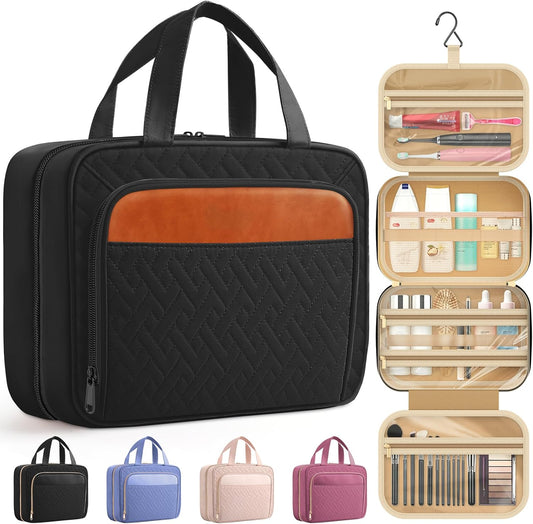HOTOR Travel Toiletry Bag for Women & Men, Waterproof Makeup Bag with Hanging Hook and Multiple Pockets, Cosmetic Bags for Women, Travel Essentials, 11.2'' x 3.2'' x 8.9'', Black & Brown