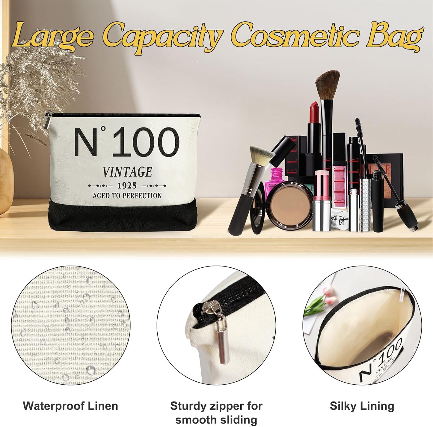 100th Birthday Gifts for Women Canvas Tote Bag Travel Gear,Unique 100 Years Old Gifts for Wife Mom Sister Aunt Friends Her, Vintage N°100 Handbag & Cosmetic Bag & Back in 1925 Poster