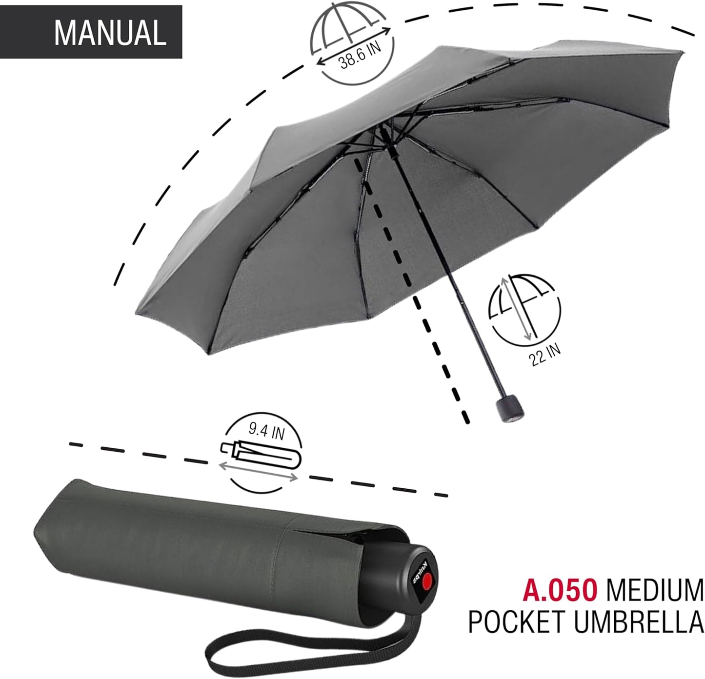 Knirps A.050 Dark Grey Manual Open Close Travel Rain Umbrella for Adults – Ultra Lightweight, Compact Windproof 38.5" Water Resistant Canopy, Steel Aluminum Frame, Travel Case Included